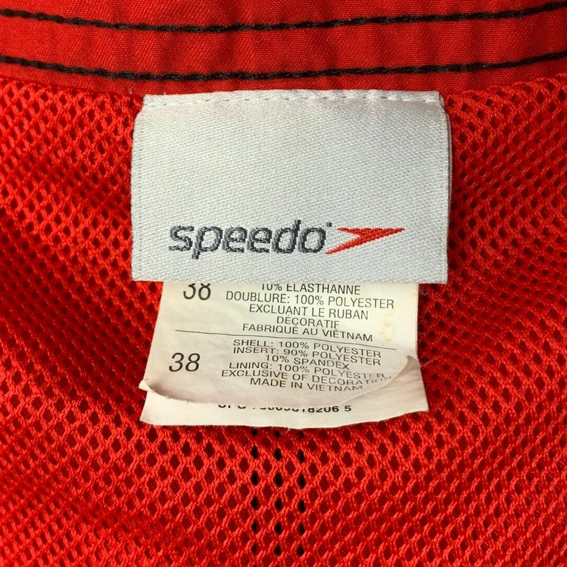 Speedo Mens 38 Red PolySpandex Adjustable Waist Side Stripe Lined Swim Trunks