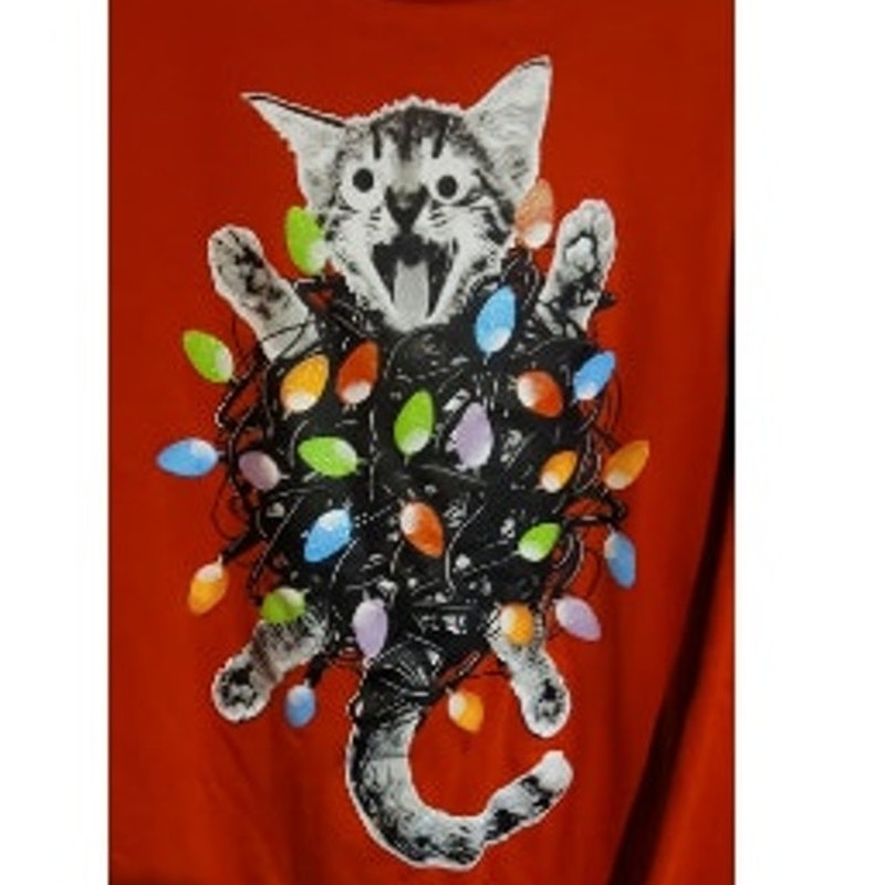 Mad Engine Womens Large Red Cat Glitter Christmas Lights Long Sleeve Sweatshirt