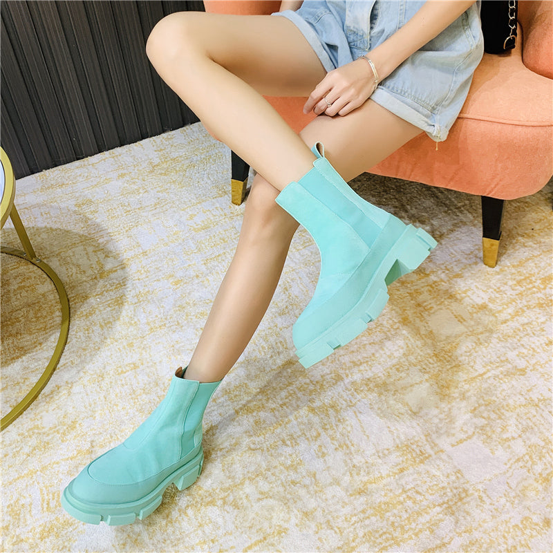 Muffin Thick-Soled Martin Boots Heightened Frosted Suede Chelsea Boots Green Small Short Boots Women's Trend