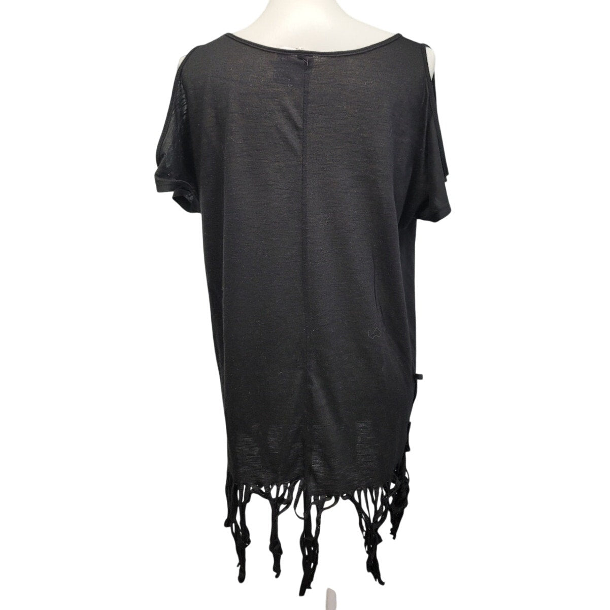 Hand Printed Upcycled Womens Small Mini Mayhem Cold Shoulder Fringed Shirt