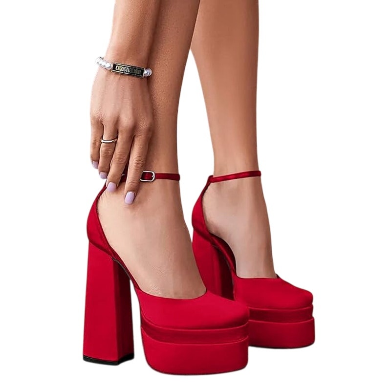 Vetaste Womens Size 7 Red 5.5" Platform Heels Closed Round Toe Ankle Strap Shoes