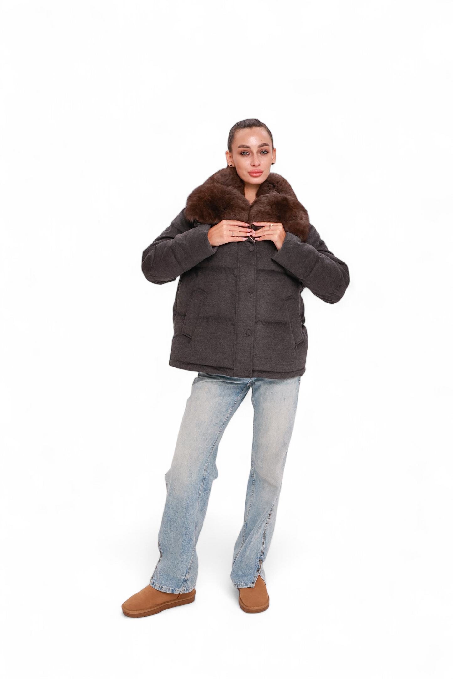Elisa Genuine Polar Fox Fur Cashmere Effect Down Coat