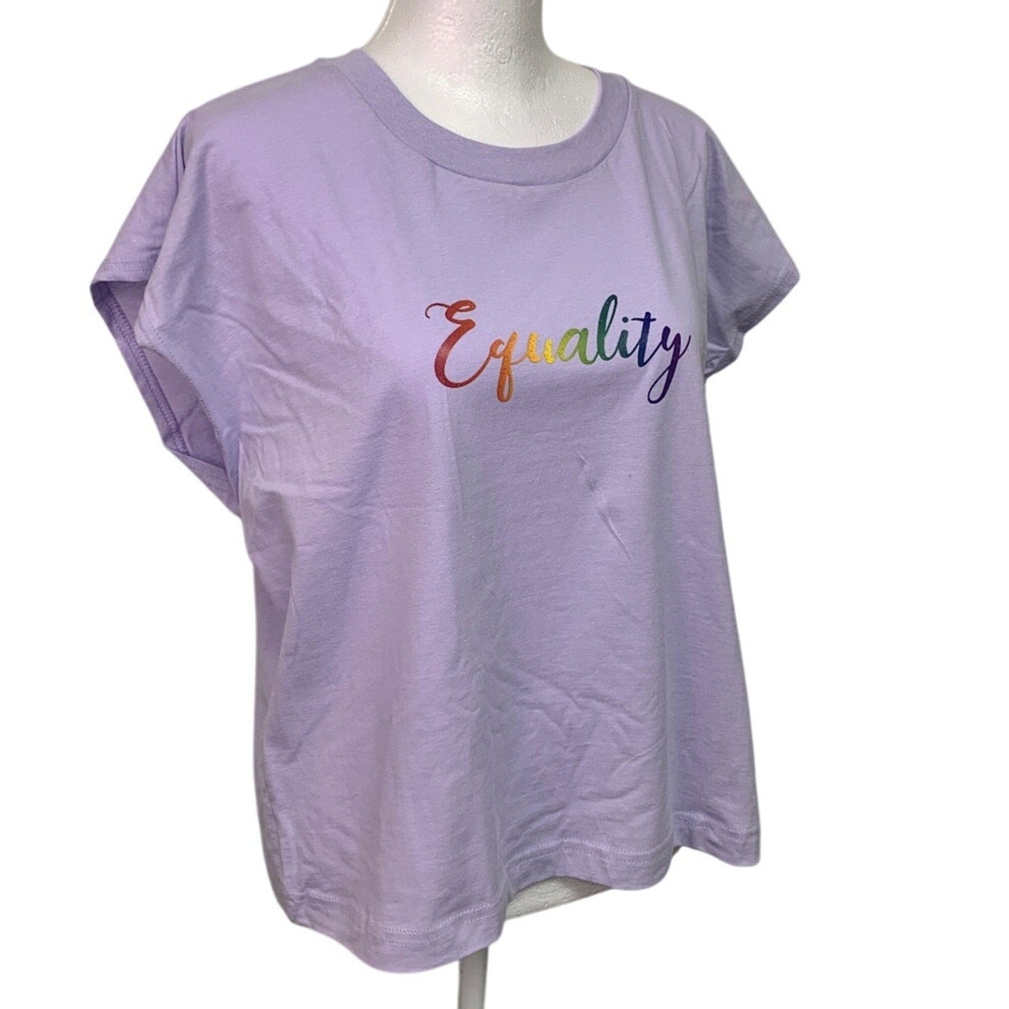 New Handprinted Womens Medium Purple 100% Cotton Rainbow Equality Muscle Tee