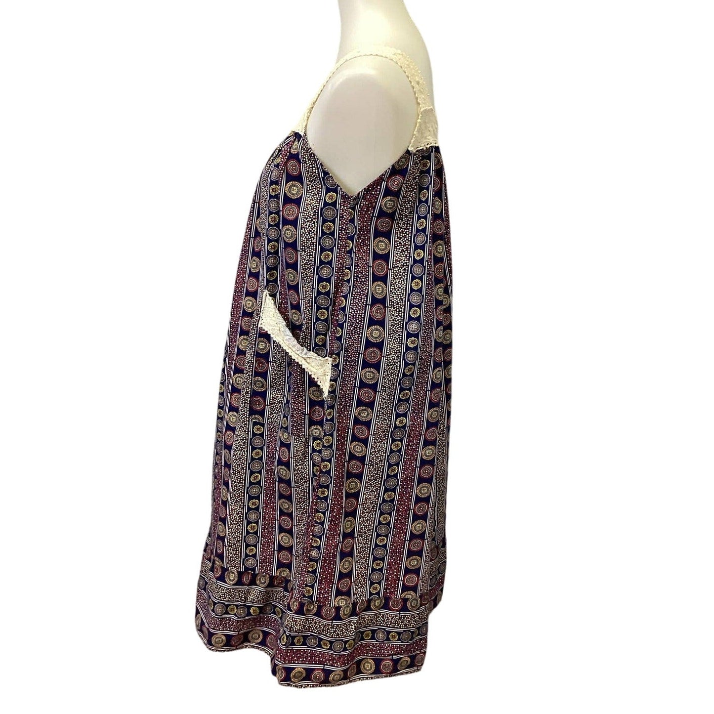J Mang's XL Cotton Lace Trim Sleeveless Boho Print Made In Philippines Dress