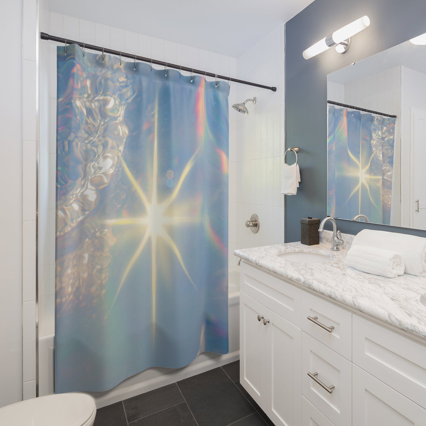 Iridescent Starburst Shower Curtain, Modern Bathroom Decor, Bright Light Vibe, Bohemian Home, Gift for New Homeowners
