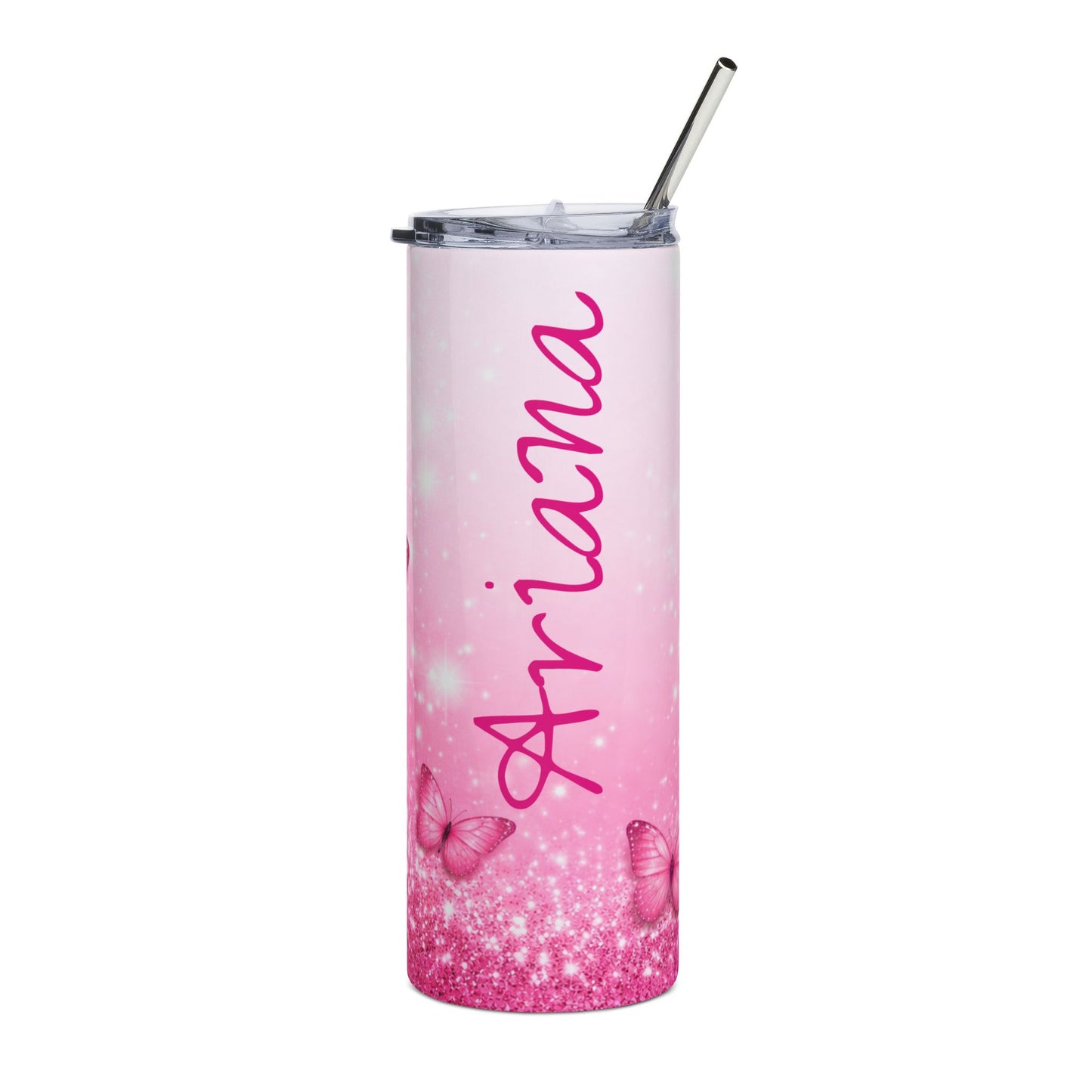 Customized Name - Pink Butterfly Sparkle Tumbler | 20oz Stainless Steel