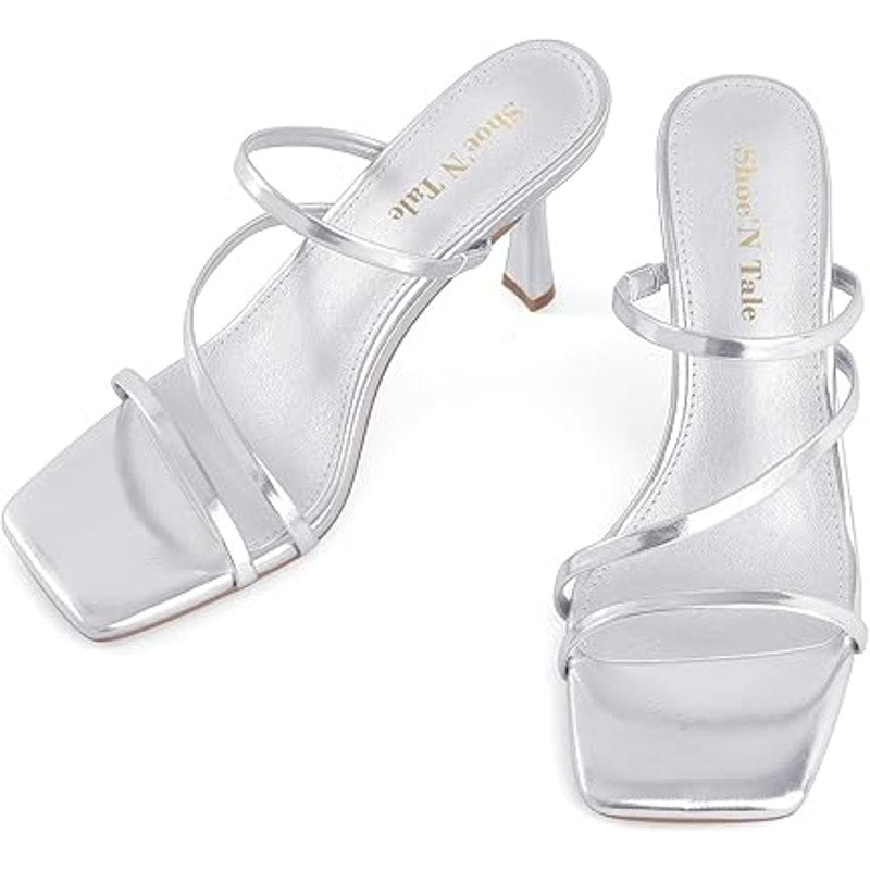 Shoe'N Tale Womens Size 7.5 Shiny Silver Open Toe Slide On 4" Heel Sandal Shoes