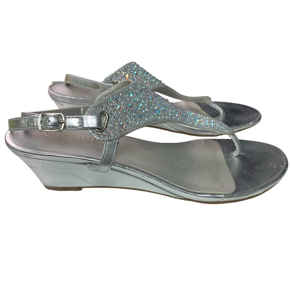 Dream Pairs Womens 8 Silver 2" Heel Sandal Rhinestone T Strap Open Toe Shoes