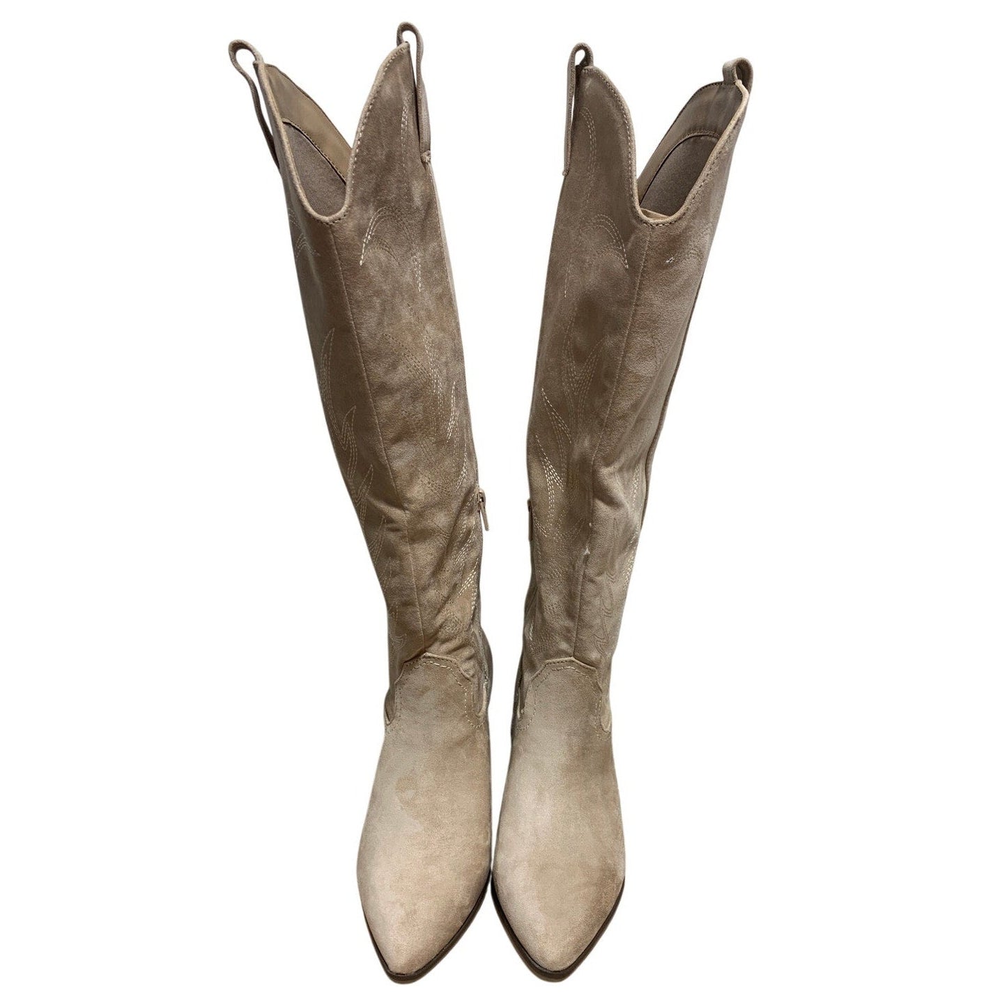 New Women Size 8.5 Tan Faux Suede Embroidered 2" Block Heel Cowboy Cowgirl Boots