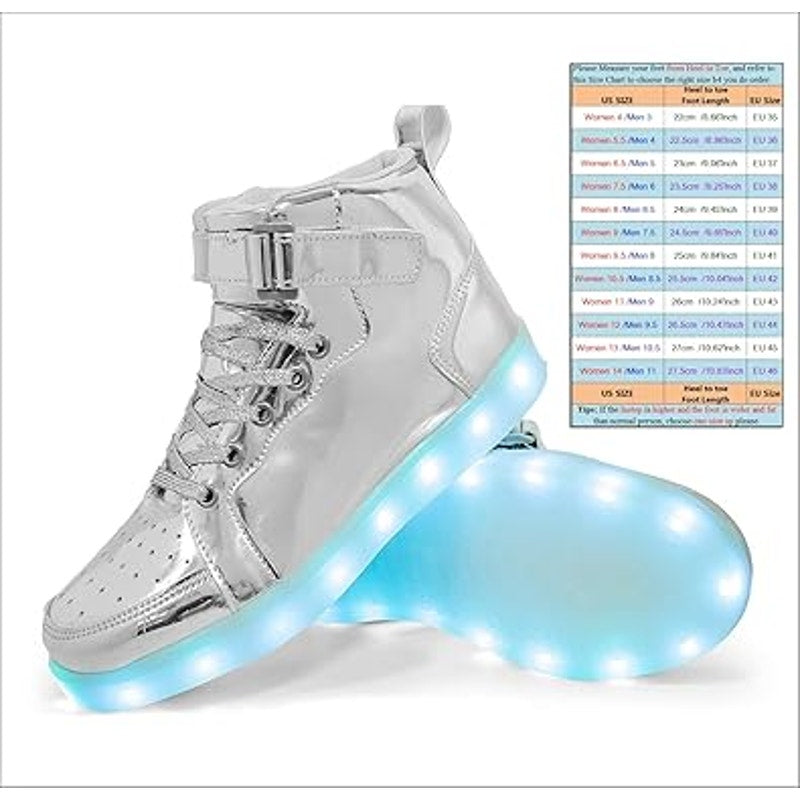 New Hot Dingding Women 11.5 Silver Rechargeable Light Up High Top Sneaker Shoes