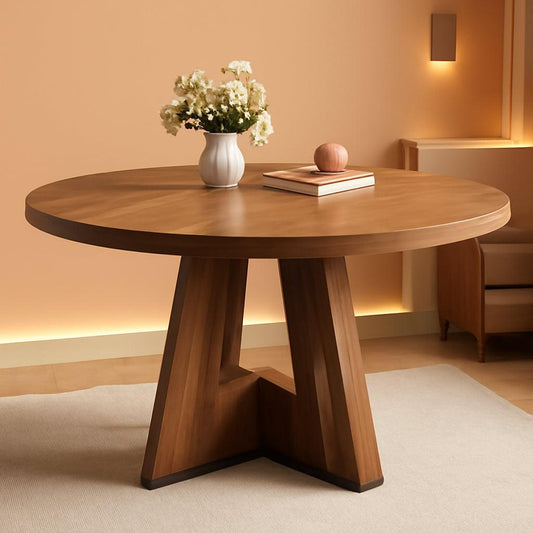 Round Dining Table 47 Inch Brown Finish Seats 4 To 6-0