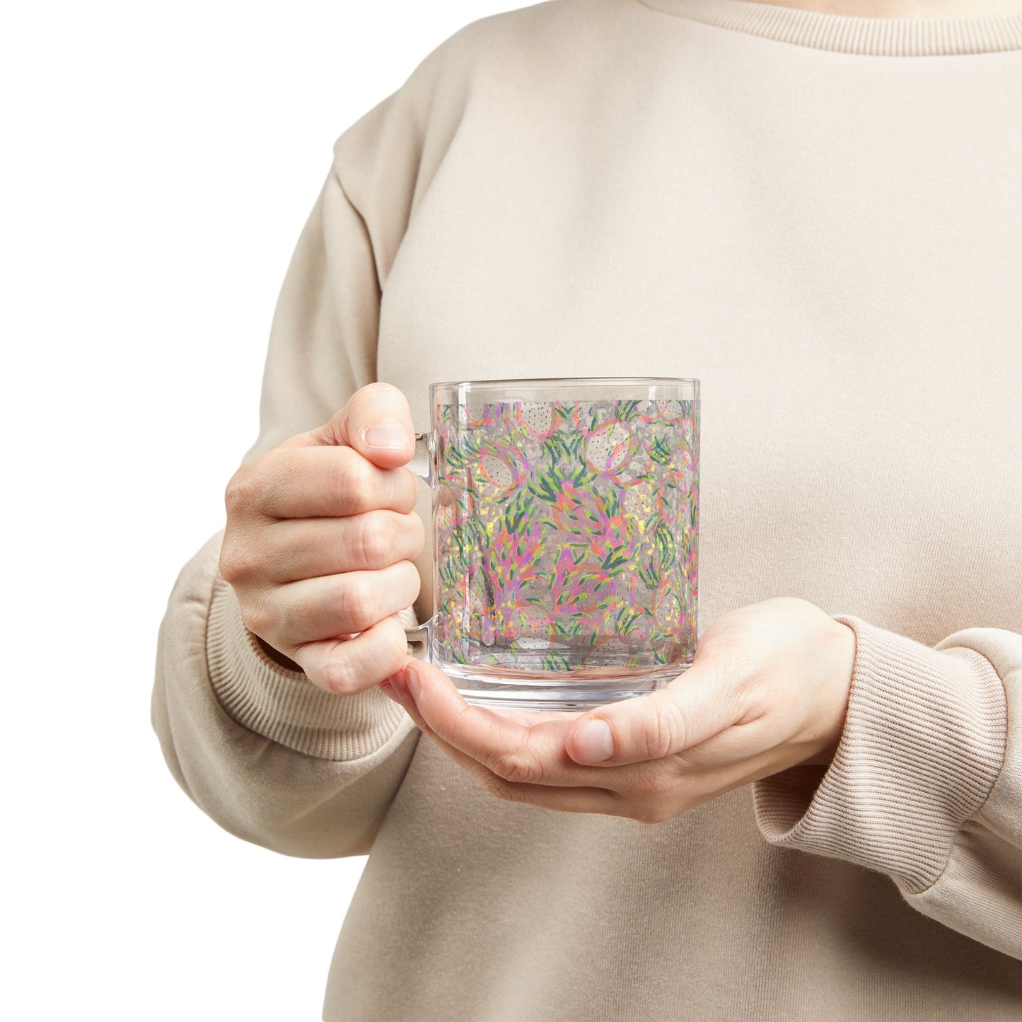 Exotic Fruit Pattern Glass Mug 10oz Clear Coffee Tea Cup