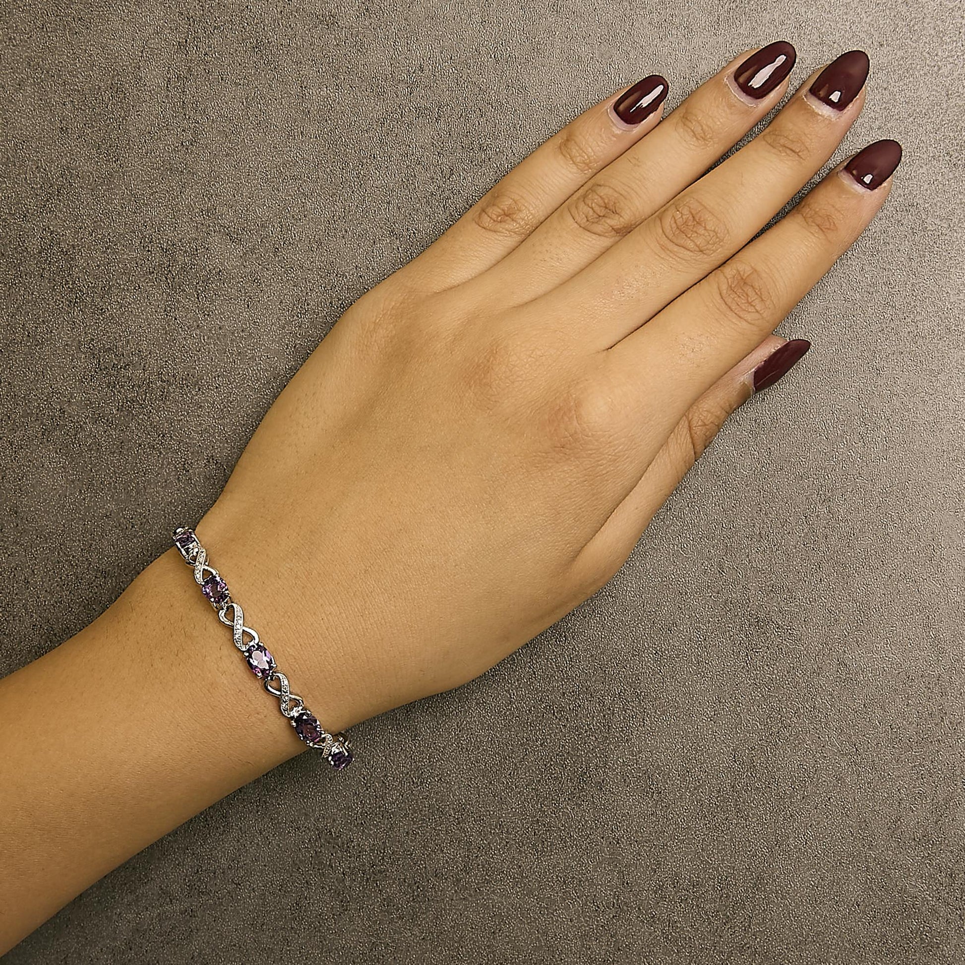 .925 Sterling Silver Oval Purple Amethyst and Diamond Infinity Link Bracelet (I-J Color, I1-I2 Clarity) - 7" Inches-2