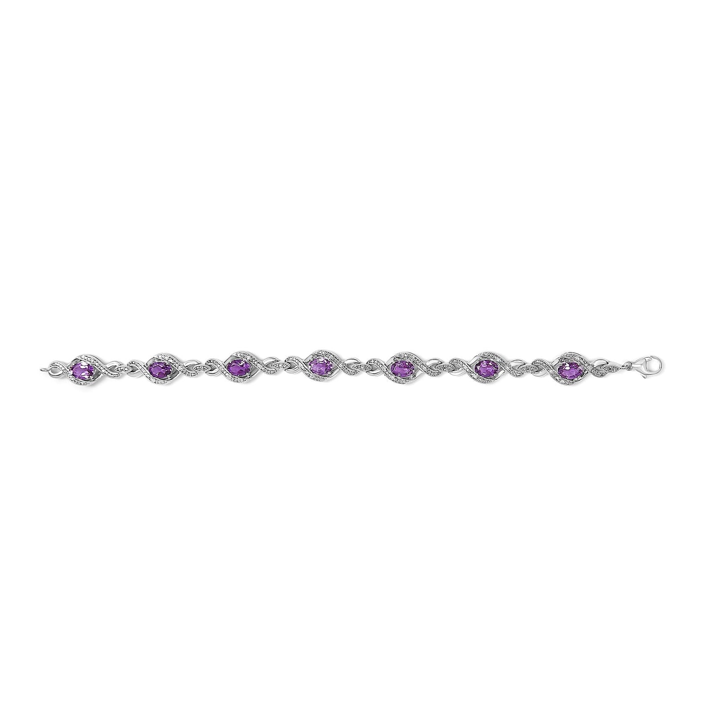 .925 Sterling Silver 1/10 Cttw Natural Round Diamond and 7X5MM Oval Amethyst Cross Tennis Bracelet (I-J Color, I1-I2 Clarity) - 7"-3