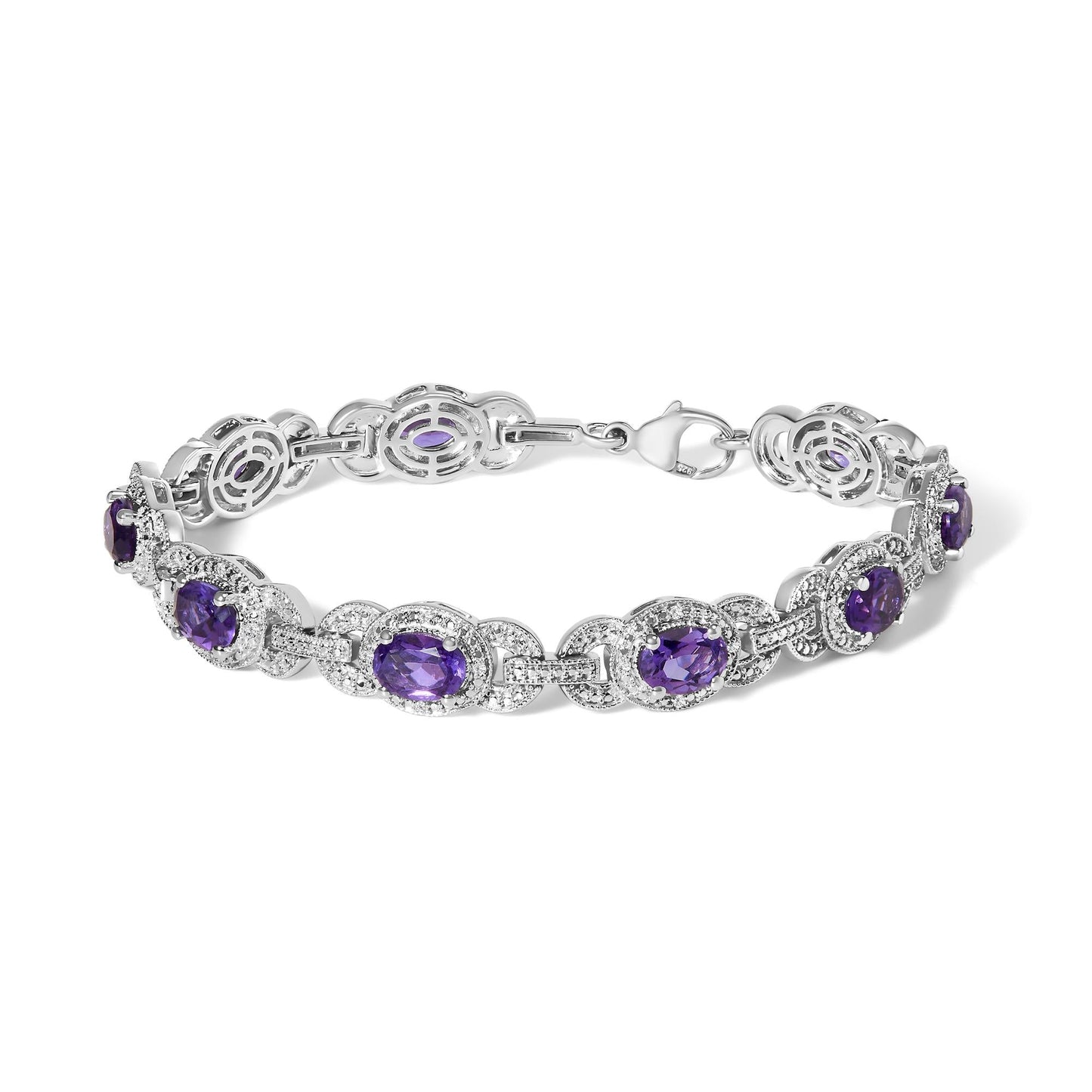 Sterling Silver Oval Purple Amethyst and Diamond Interlocking Halo Link Bracelet-0