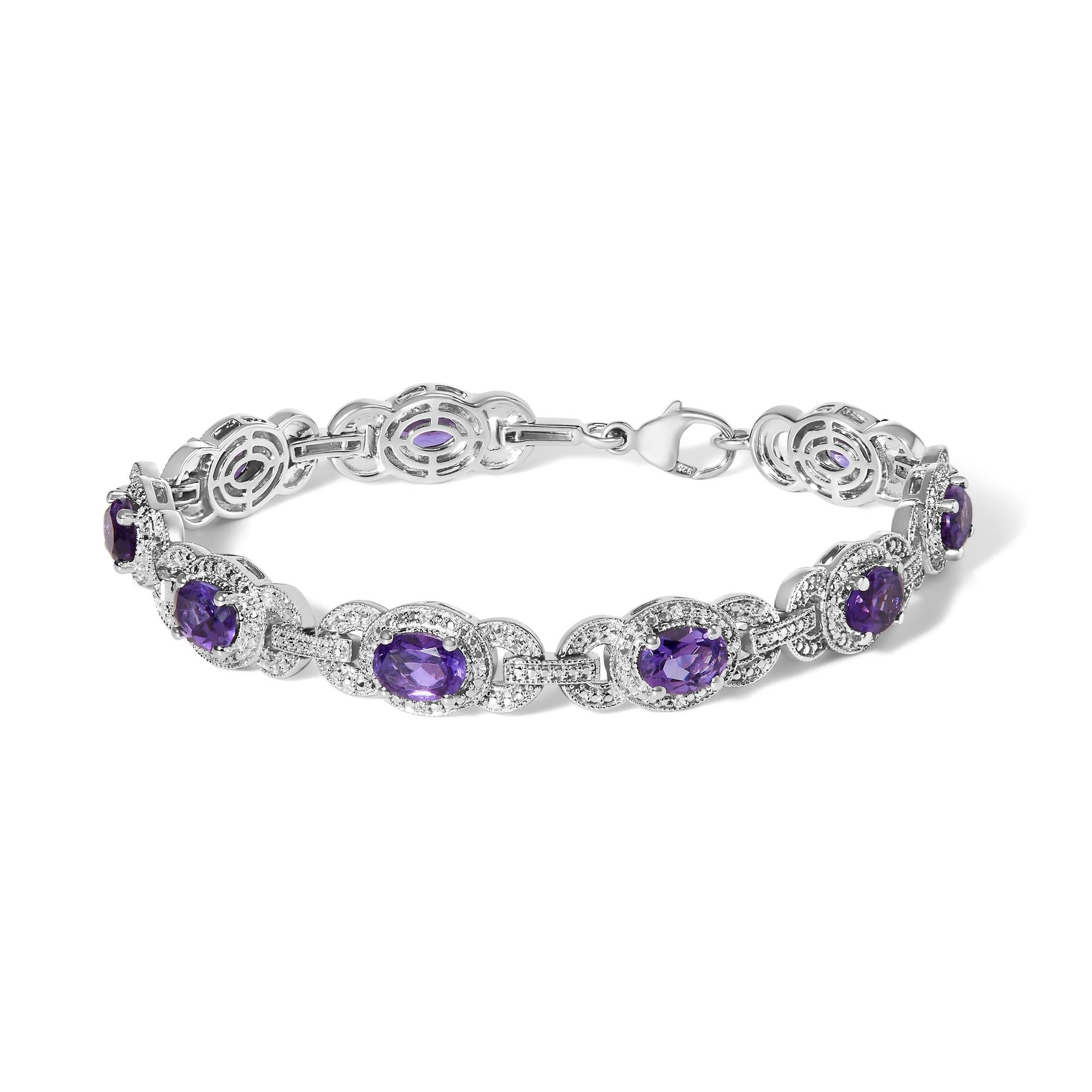 Sterling Silver Oval Purple Amethyst and Diamond Interlocking Halo Link Bracelet-0