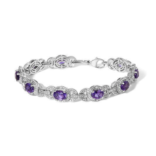 Sterling Silver Oval Purple Amethyst and Diamond Interlocking Halo Link Bracelet-0