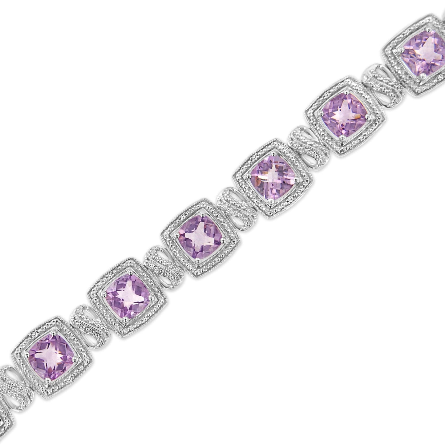 .925 Sterling Silver 7x7 mm Cushion Cut Purple Amethyst and 1/10 cttw Round Cut Diamond Square Shape Tennis Bracelet (I-J Color, I1-I2 Clarity) - 7"-1