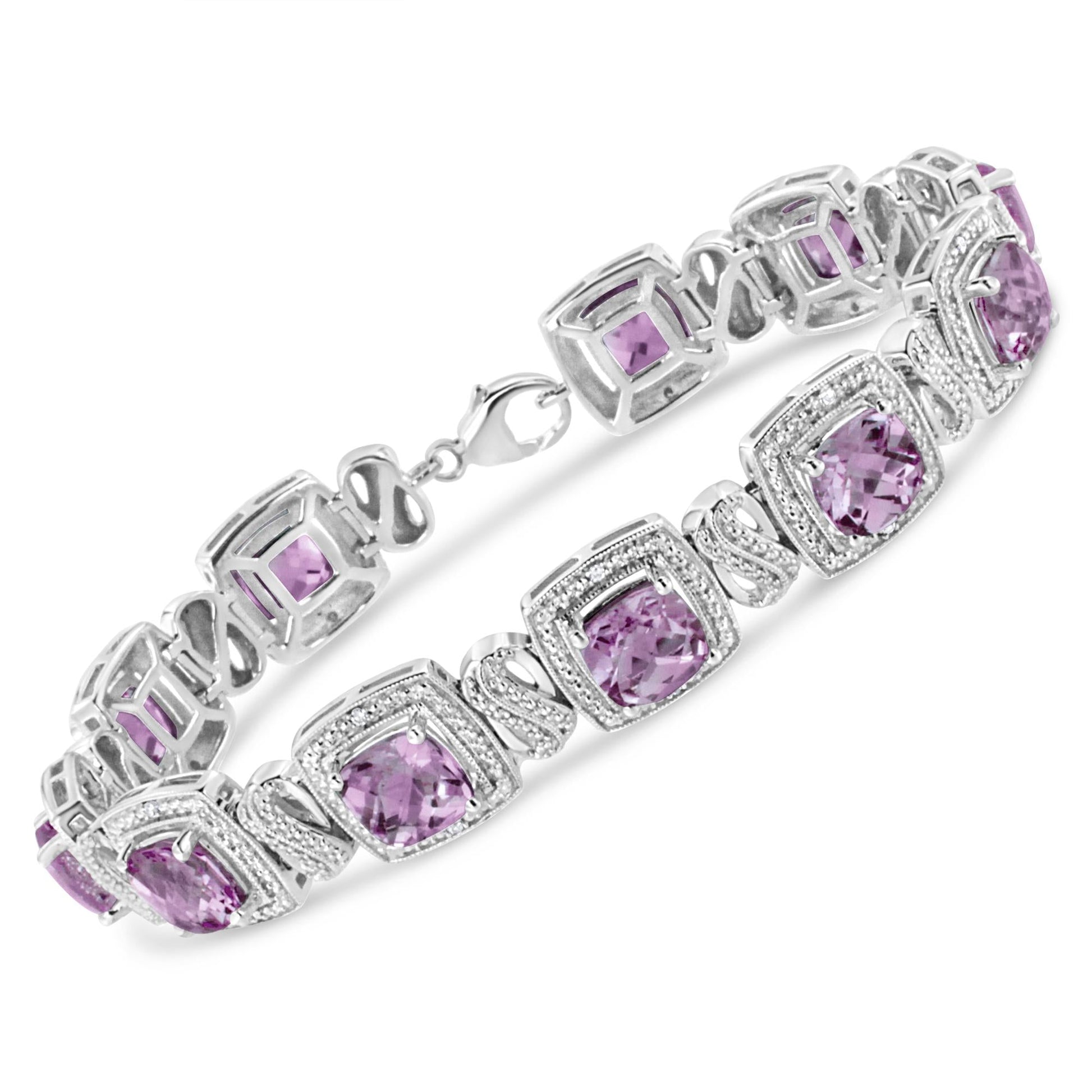 .925 Sterling Silver 7x7 mm Cushion Cut Purple Amethyst and 1/10 cttw Round Cut Diamond Square Shape Tennis Bracelet (I-J Color, I1-I2 Clarity) - 7"-0