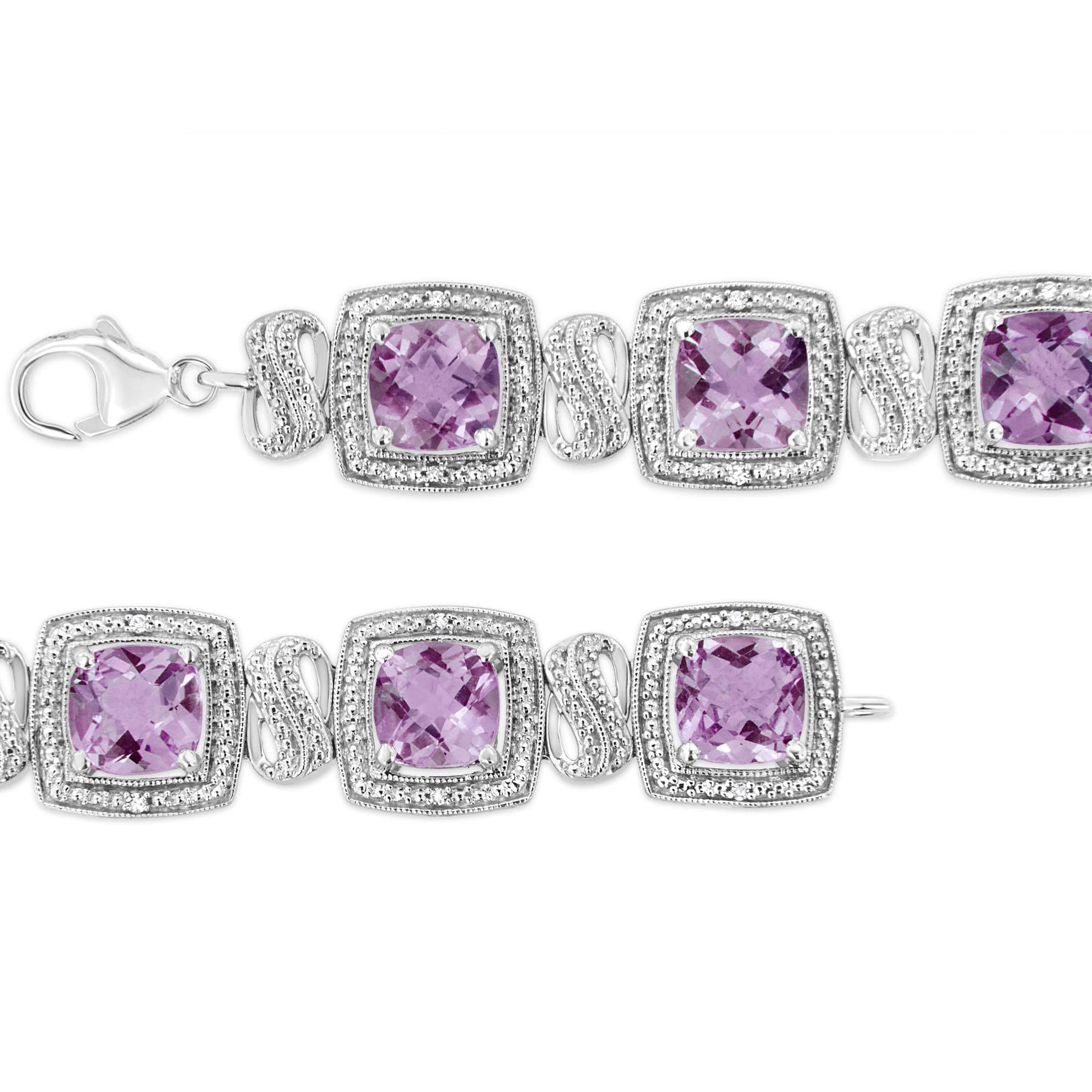 .925 Sterling Silver 7x7 mm Cushion Cut Purple Amethyst and 1/10 cttw Round Cut Diamond Square Shape Tennis Bracelet (I-J Color, I1-I2 Clarity) - 7"-3