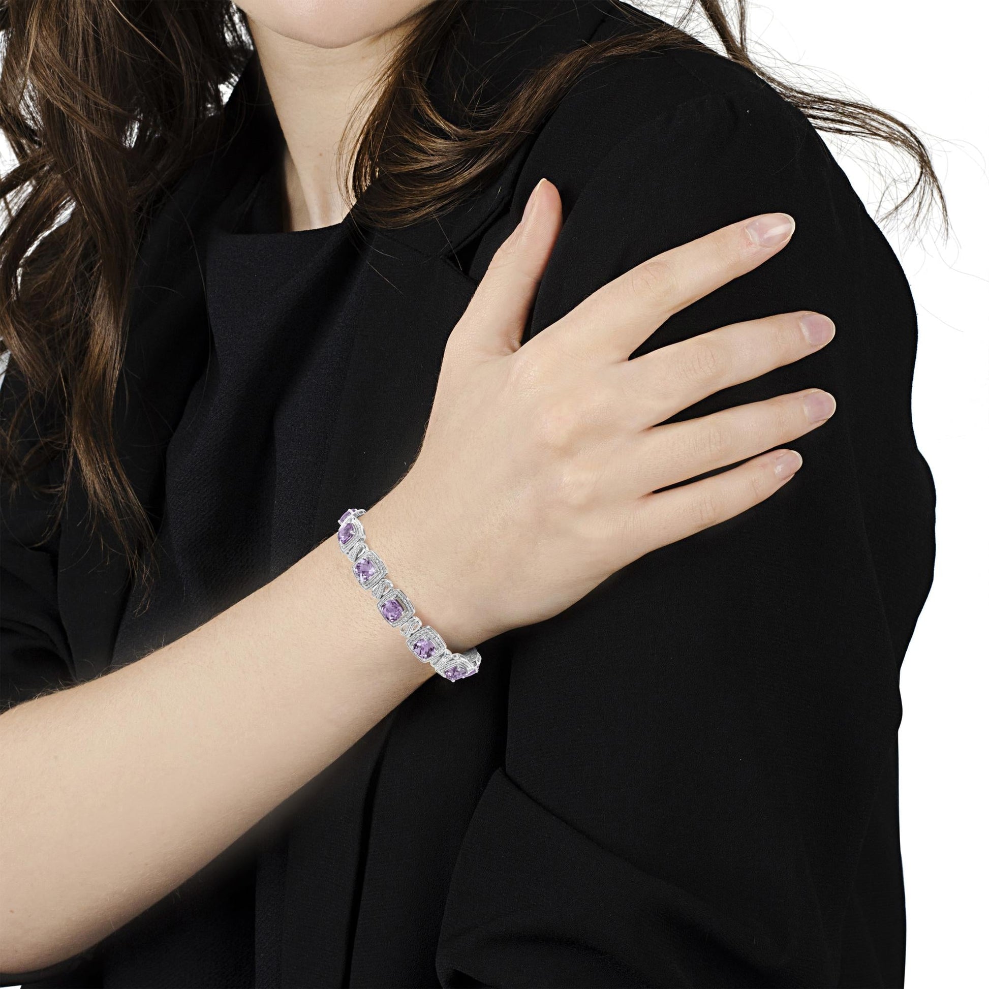 .925 Sterling Silver 7x7 mm Cushion Cut Purple Amethyst and 1/10 cttw Round Cut Diamond Square Shape Tennis Bracelet (I-J Color, I1-I2 Clarity) - 7"-2