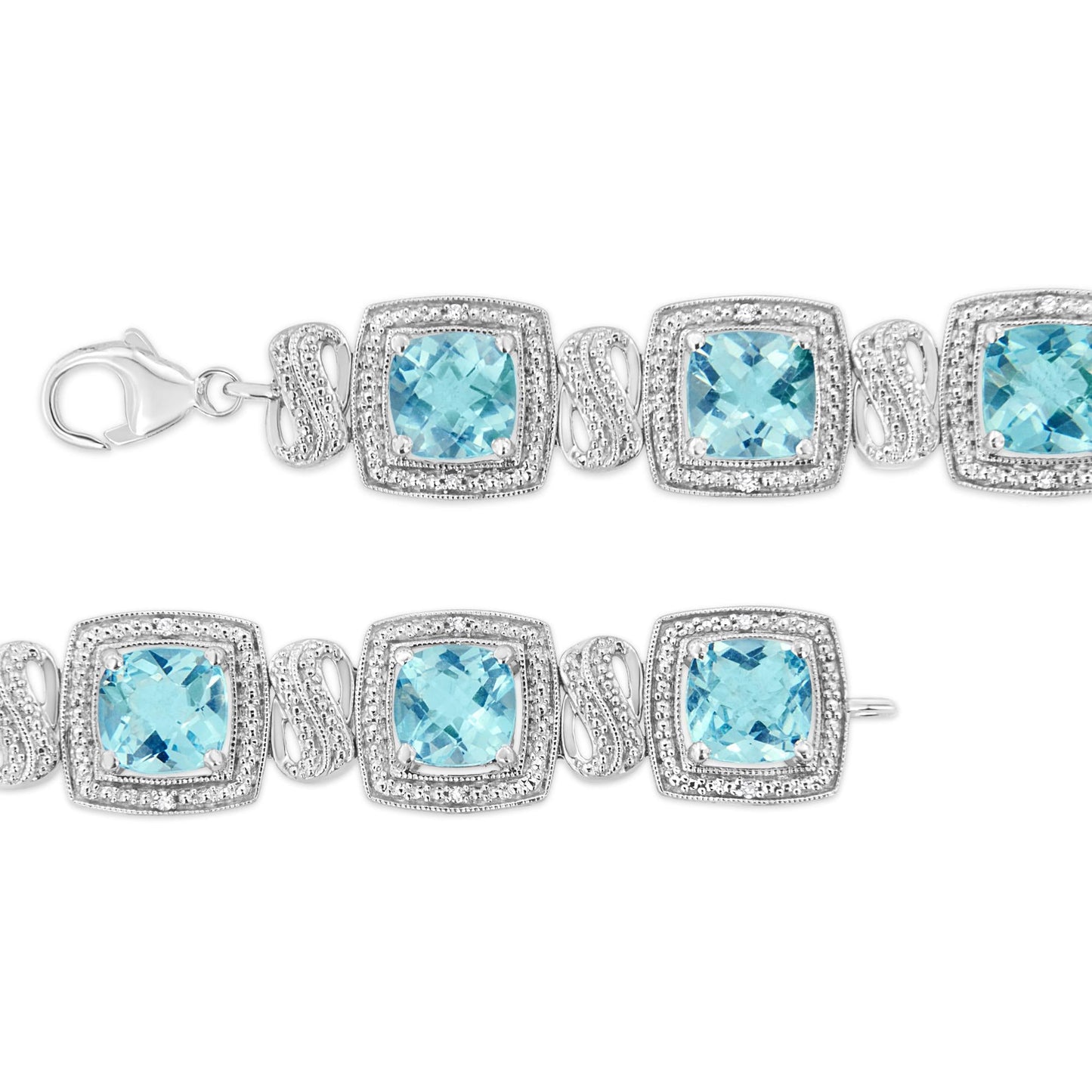 .925 Sterling Silver 7x7 mm Cushion Cut Blue Topaz and 1/10 Ctw Single Cut Diamond Square Shape Tennis Bracelet (I-J Color, I1-I2 Clarity) - 7"-3