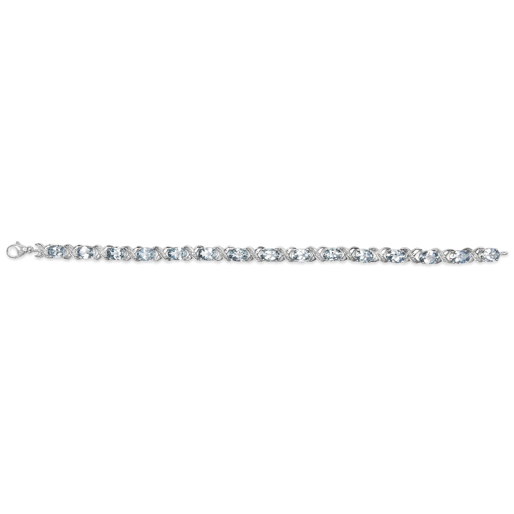 .925 Sterling Silver 16.0 Cttw Oval Blue Topaz and Diamond Accent Tennis X Link Bracelet (I-J Color, I1-I2 Clarity) - Size 7" Inch-3