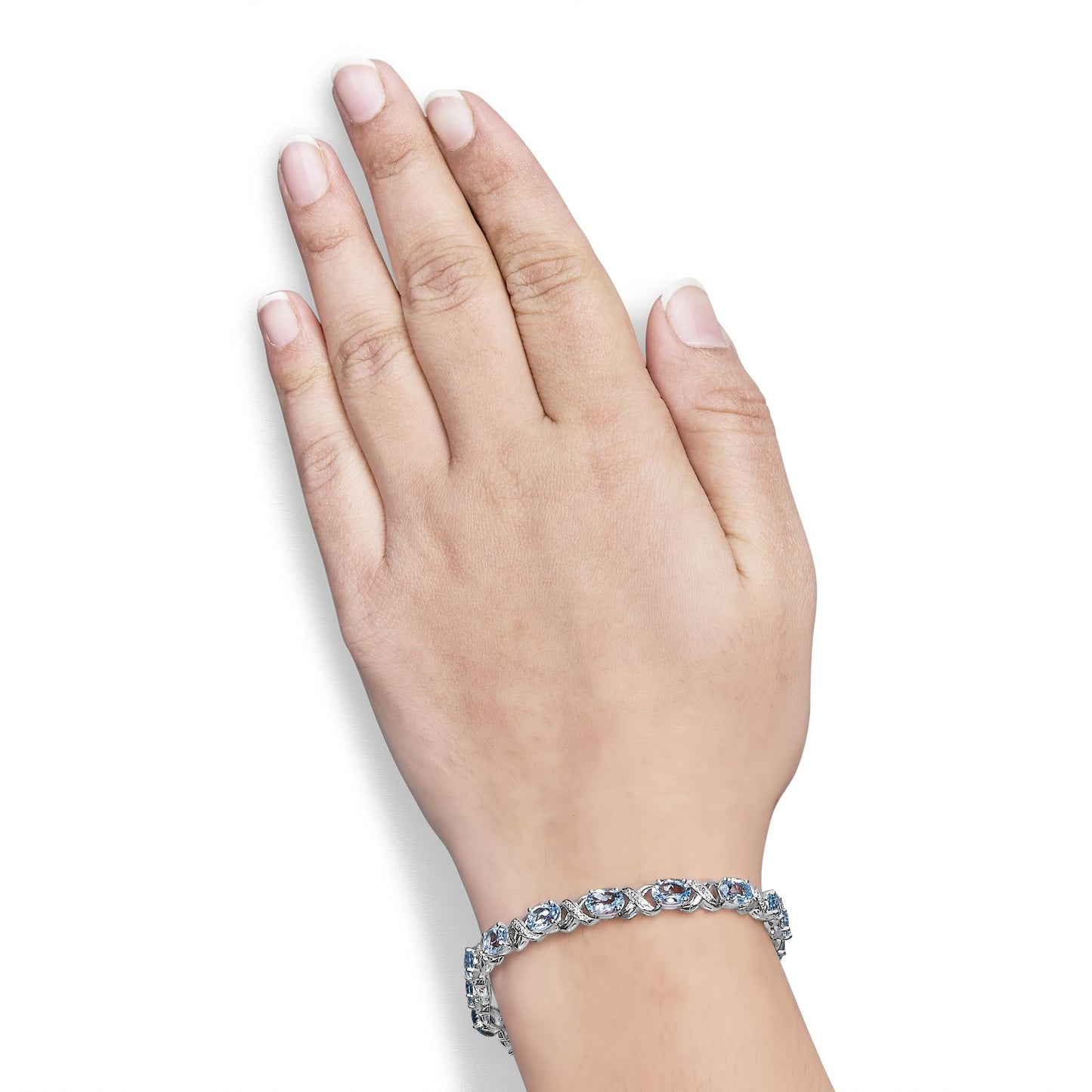 .925 Sterling Silver 16.0 Cttw Oval Blue Topaz and Diamond Accent Tennis X Link Bracelet (I-J Color, I1-I2 Clarity) - Size 7" Inch-2