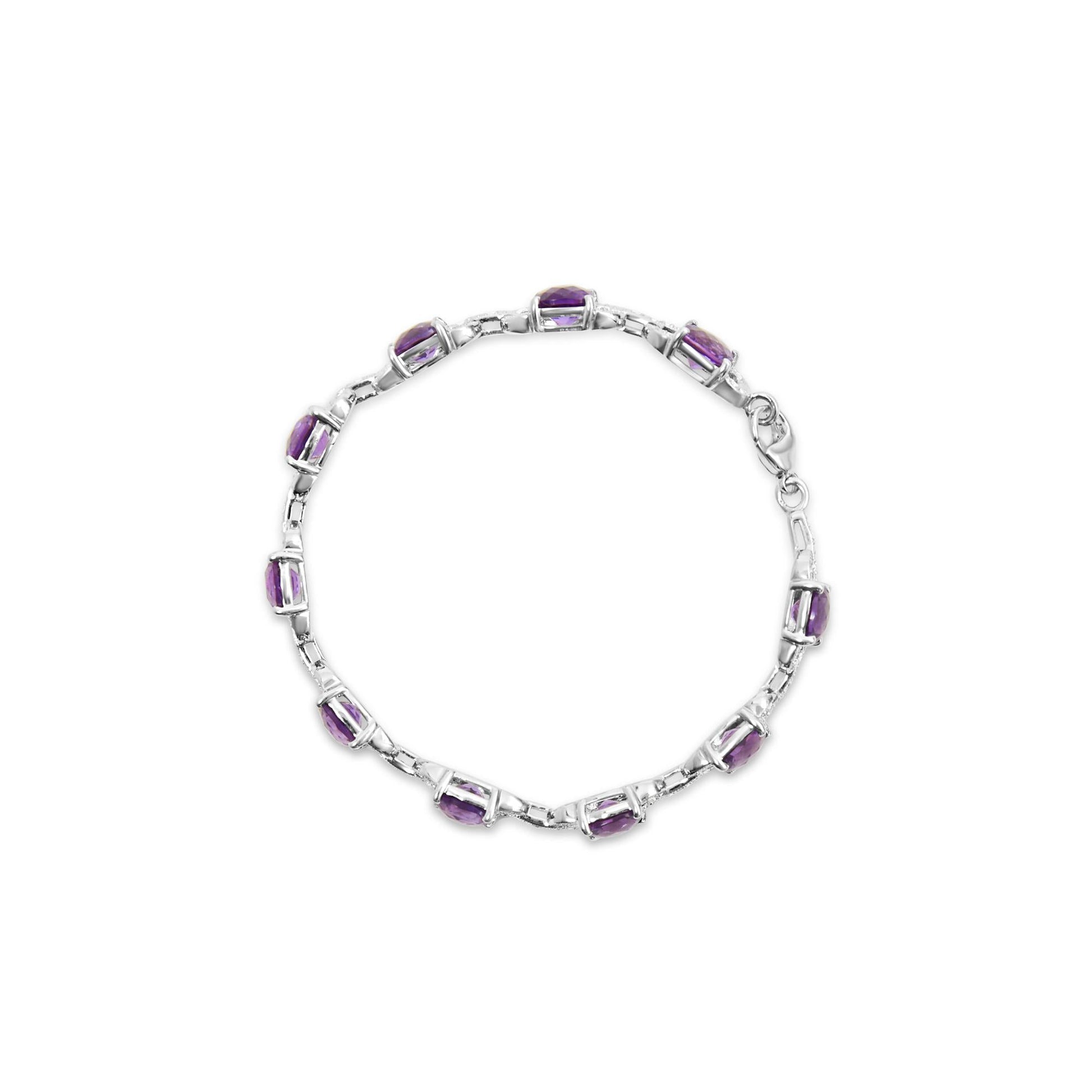 .925 Sterling Silver 7mm Cushion Cut Amethyst Gemstone and Diamond Tennis Link Bracelet (I-J Color, I1-I2 Clarity) - Size 7"-3
