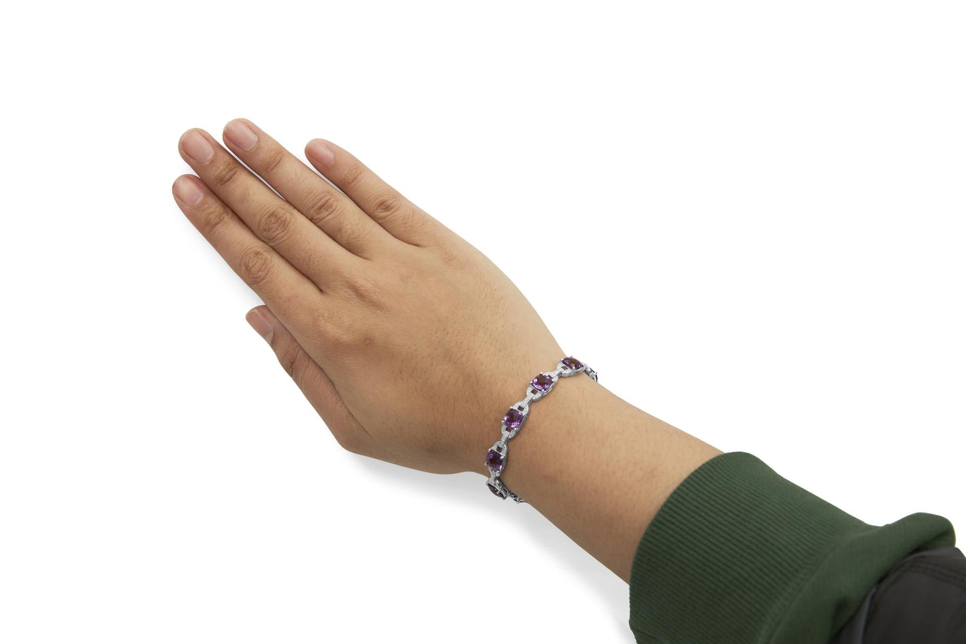 .925 Sterling Silver 7mm Cushion Cut Amethyst Gemstone and Diamond Tennis Link Bracelet (I-J Color, I1-I2 Clarity) - Size 7"-2