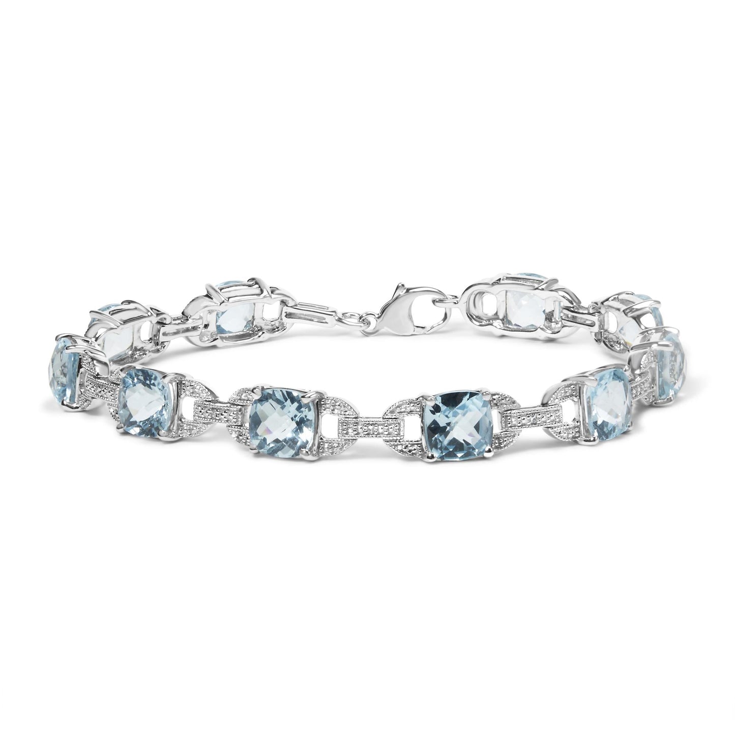 .925 Sterling Silver 7x7 mm Cushion Cut Blue Topaz and 1/20 cttw Round Cut Diamond Fashion Tennis Bracelet (I-J Color, I1-I2 Clarity) - 7"-0
