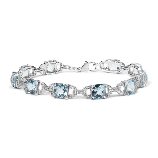 .925 Sterling Silver 7x7 mm Cushion Cut Blue Topaz and 1/20 cttw Round Cut Diamond Fashion Tennis Bracelet (I-J Color, I1-I2 Clarity) - 7"-0