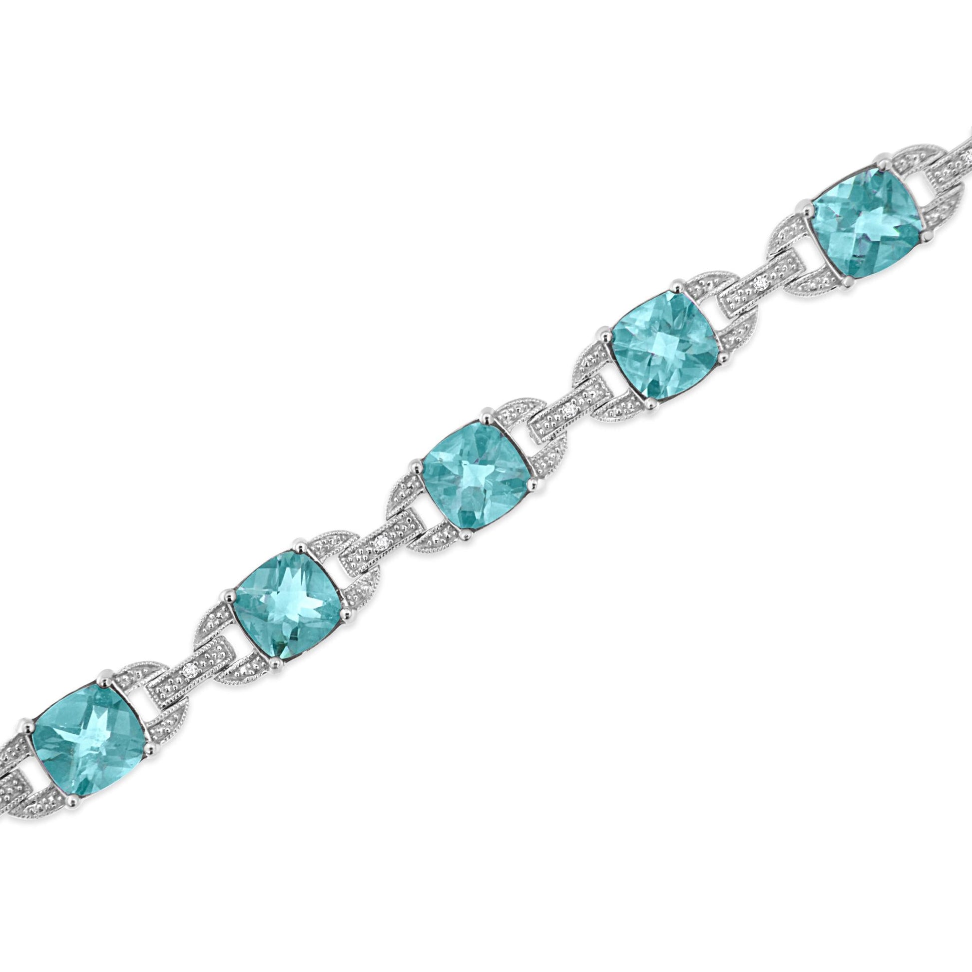.925 Sterling Silver 7x7 mm Cushion Cut Blue Topaz and 1/20 cttw Round Cut Diamond Fashion Tennis Bracelet (I-J Color, I1-I2 Clarity) - 7"-4