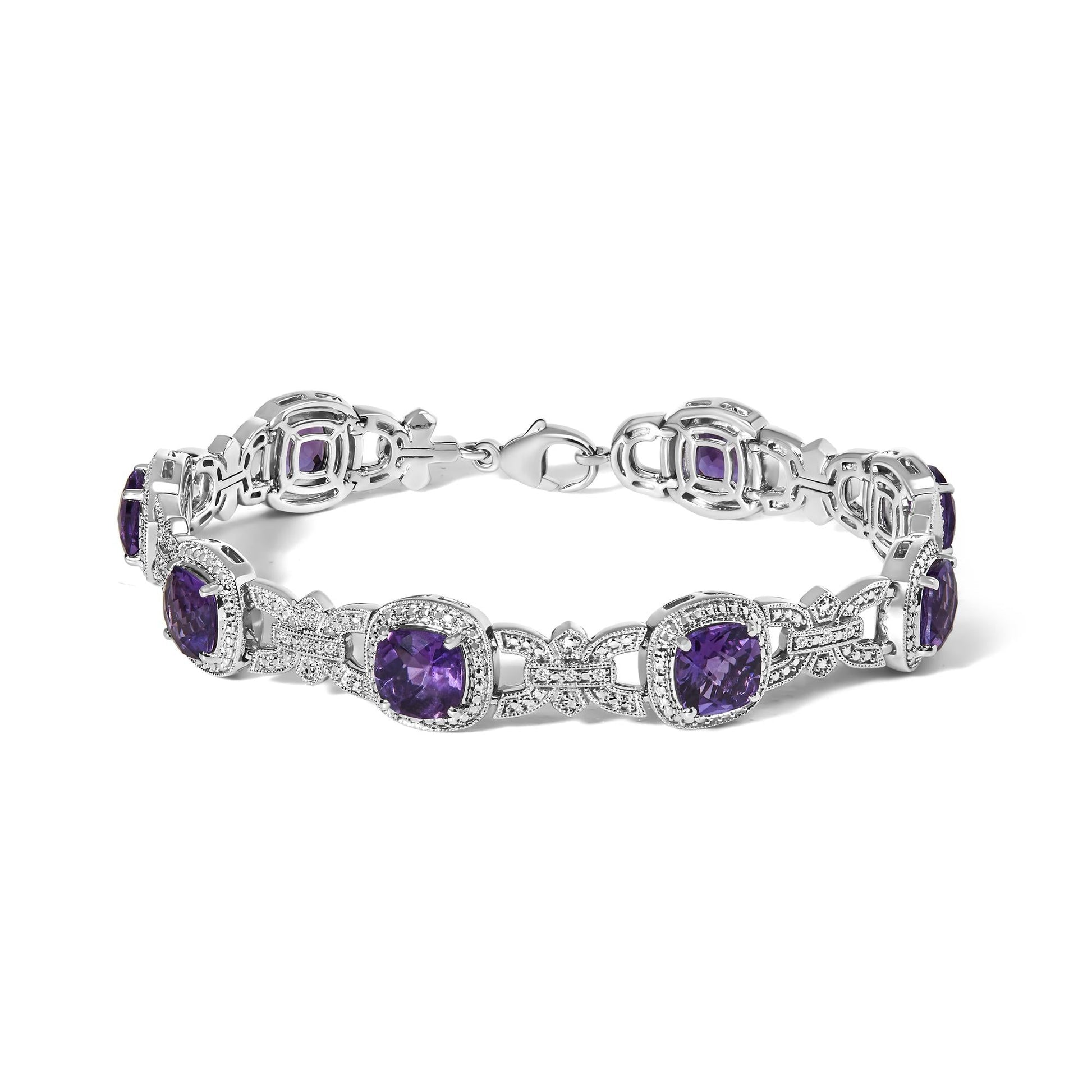 Silver Cushion-Cut Purple Amethyst & Diamond Vintage Halo Link Bracelet-0