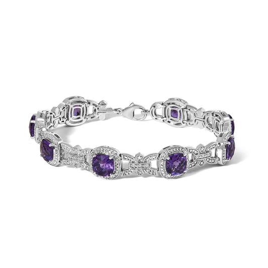 Silver Cushion-Cut Purple Amethyst & Diamond Vintage Halo Link Bracelet-0