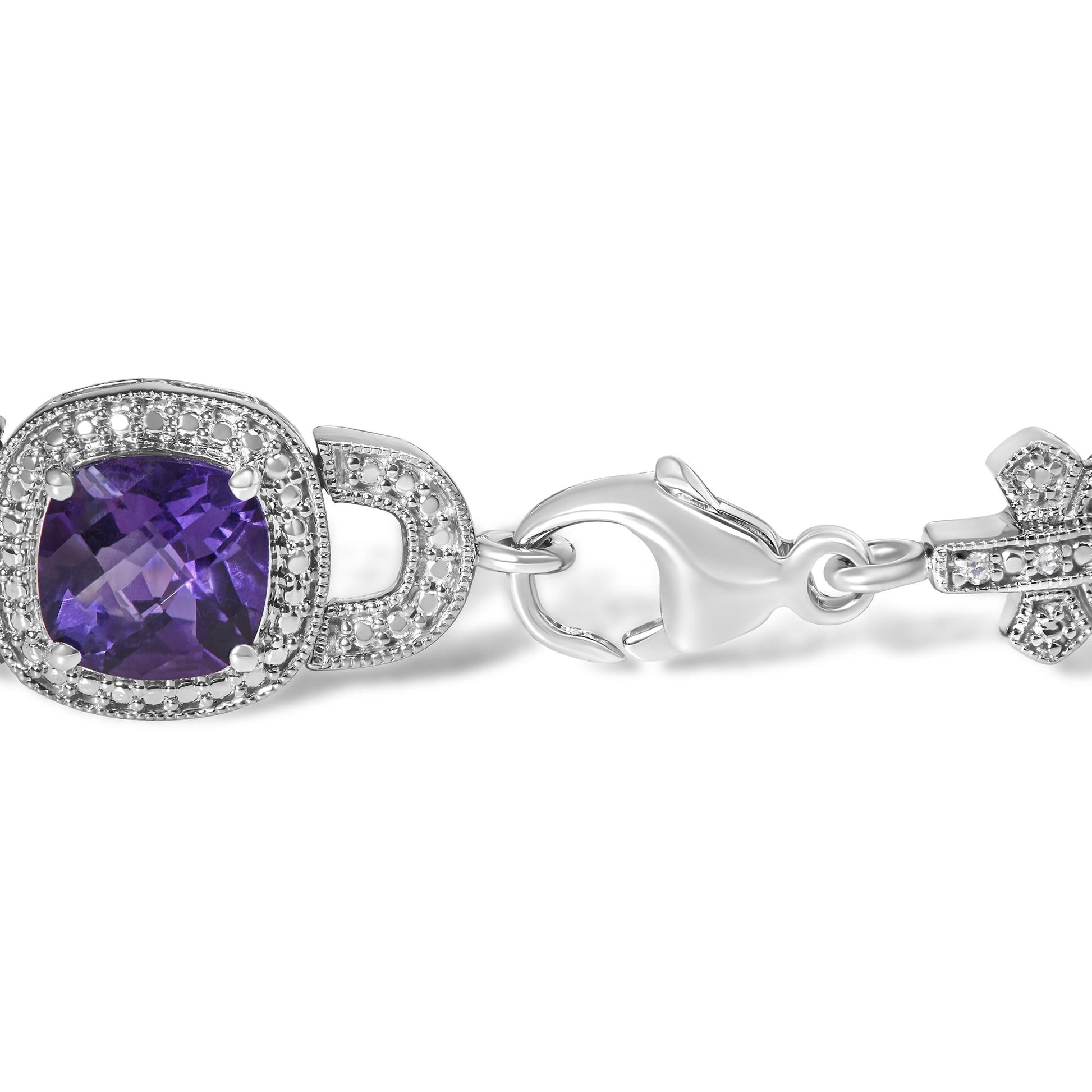 Silver Cushion-Cut Purple Amethyst & Diamond Vintage Halo Link Bracelet-1