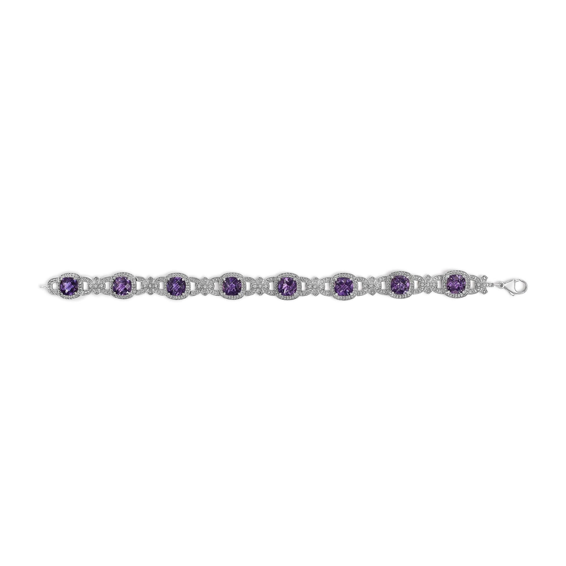 Silver Cushion-Cut Purple Amethyst & Diamond Vintage Halo Link Bracelet-3