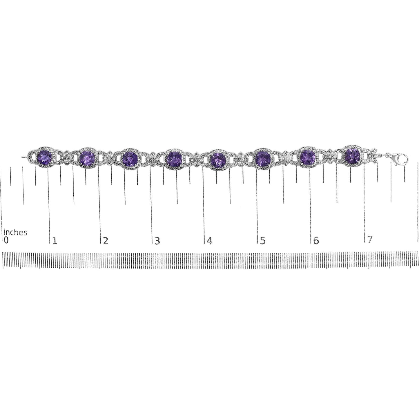 Silver Cushion-Cut Purple Amethyst & Diamond Vintage Halo Link Bracelet-4