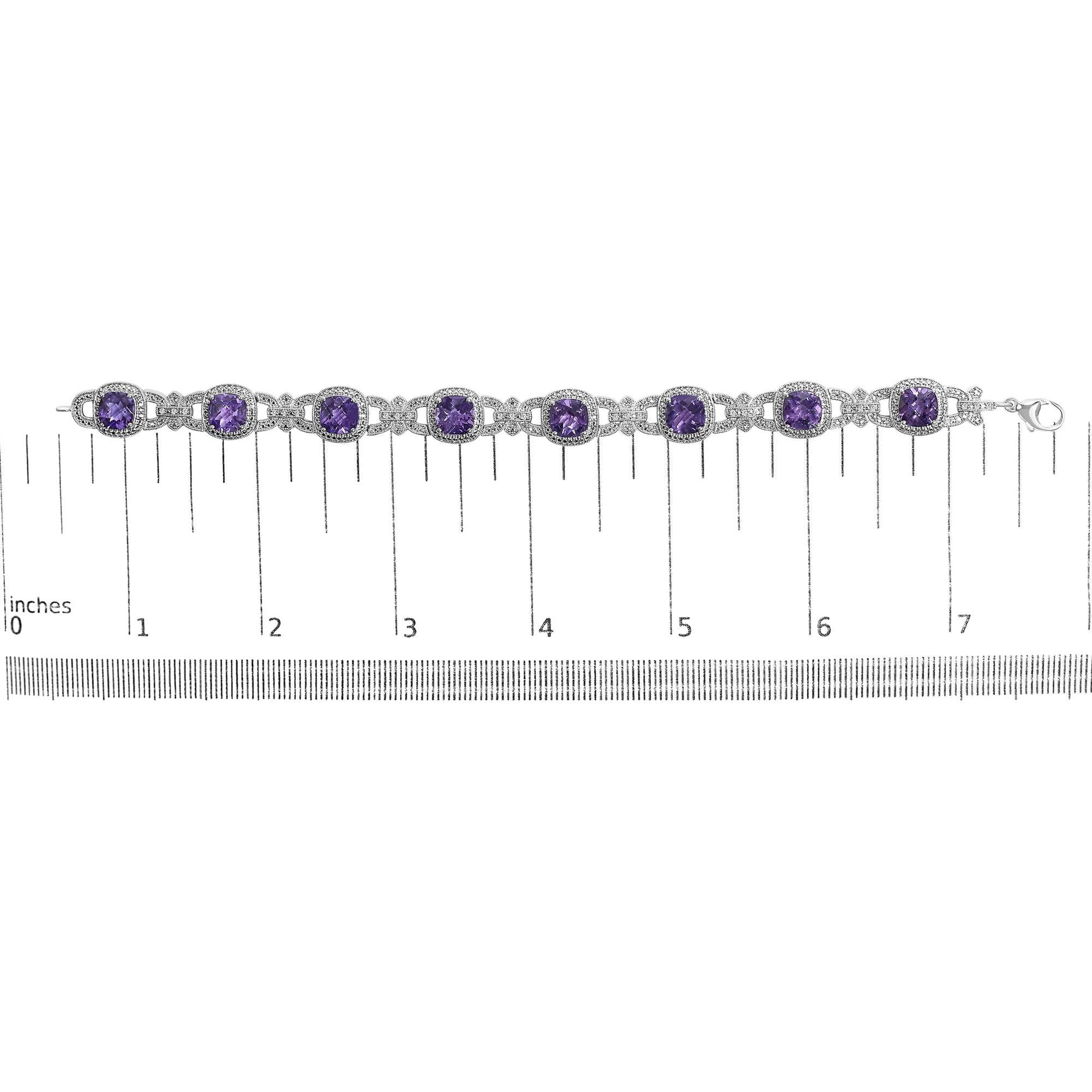 Silver Cushion-Cut Purple Amethyst & Diamond Vintage Halo Link Bracelet-4