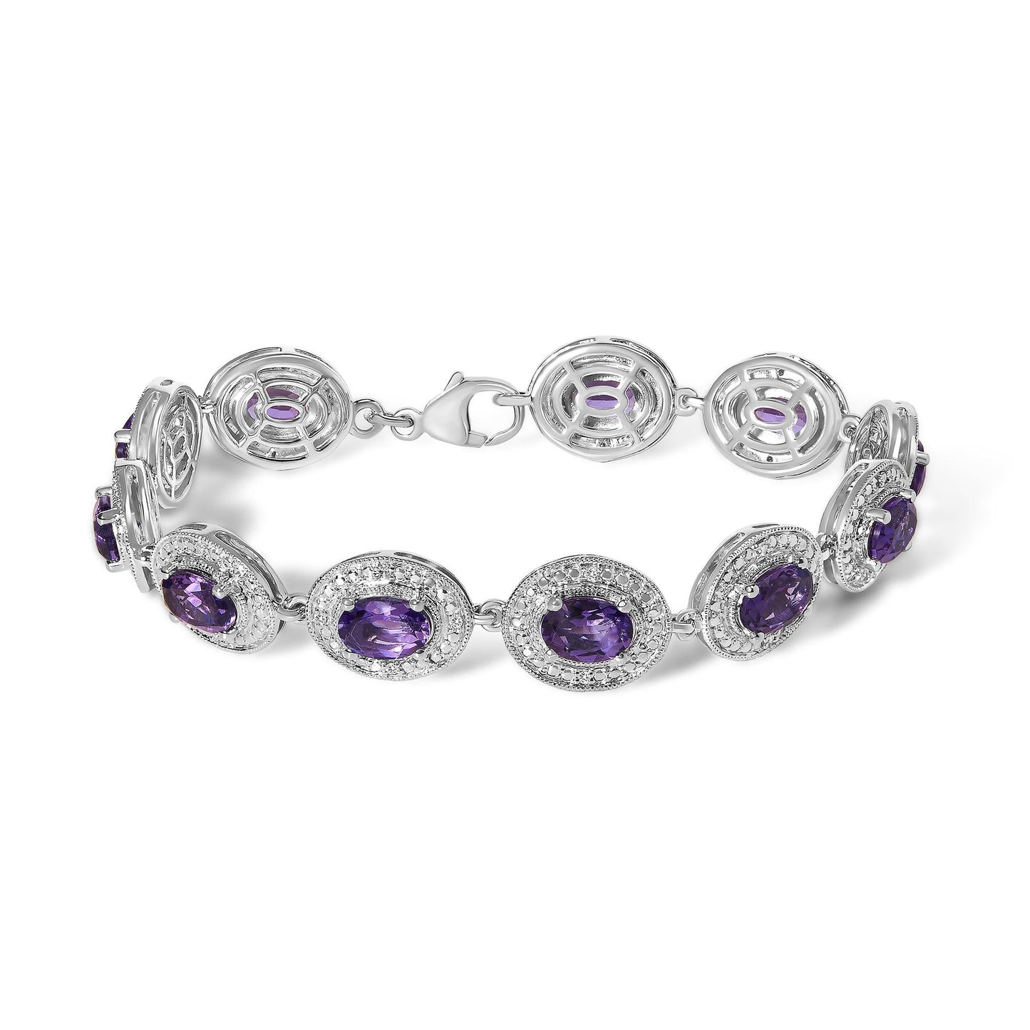 Sterling Silver 5x7 MM Oval Purple Amethyst & Diamond Halo Link Bracelet-0
