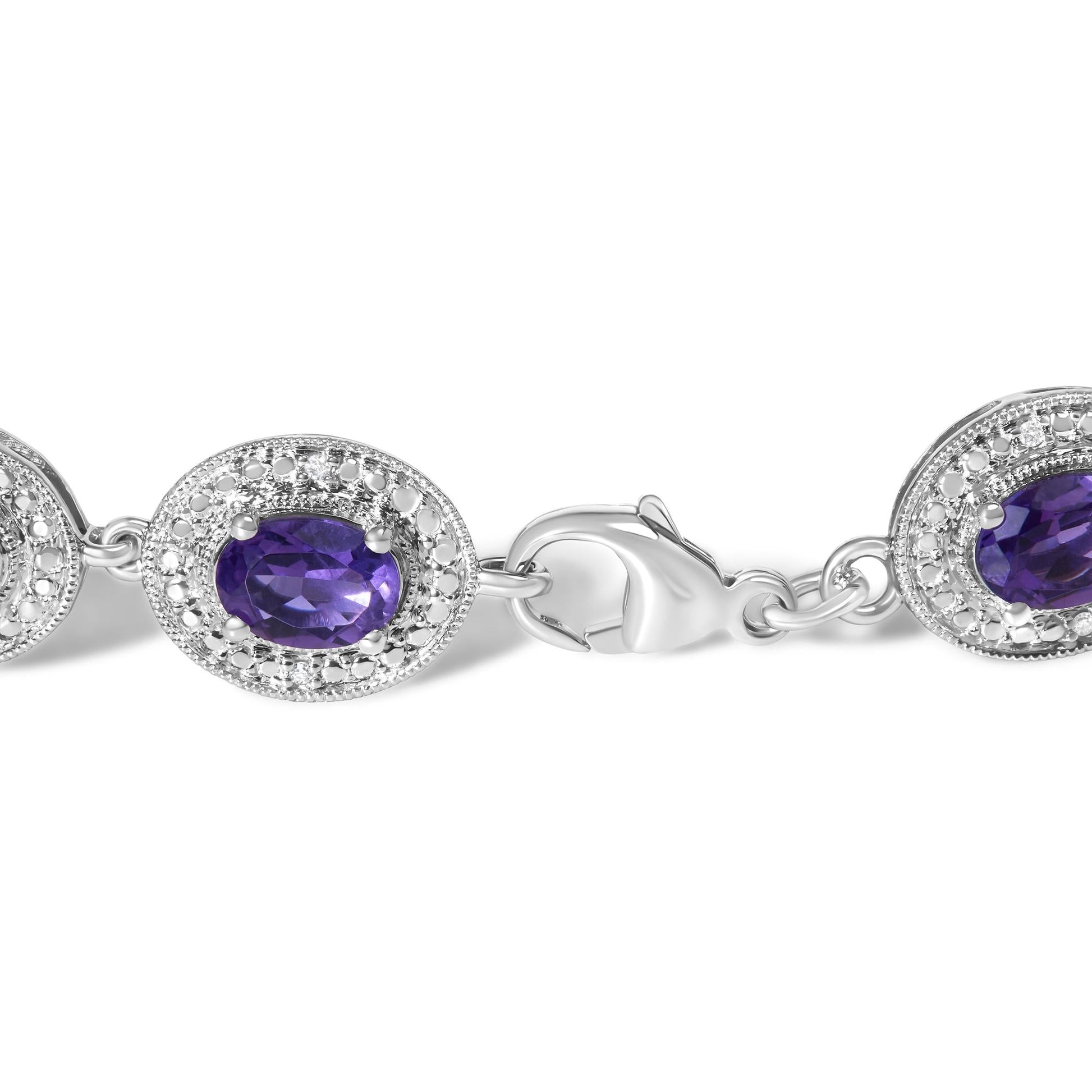 Sterling Silver 5x7 MM Oval Purple Amethyst & Diamond Halo Link Bracelet-1