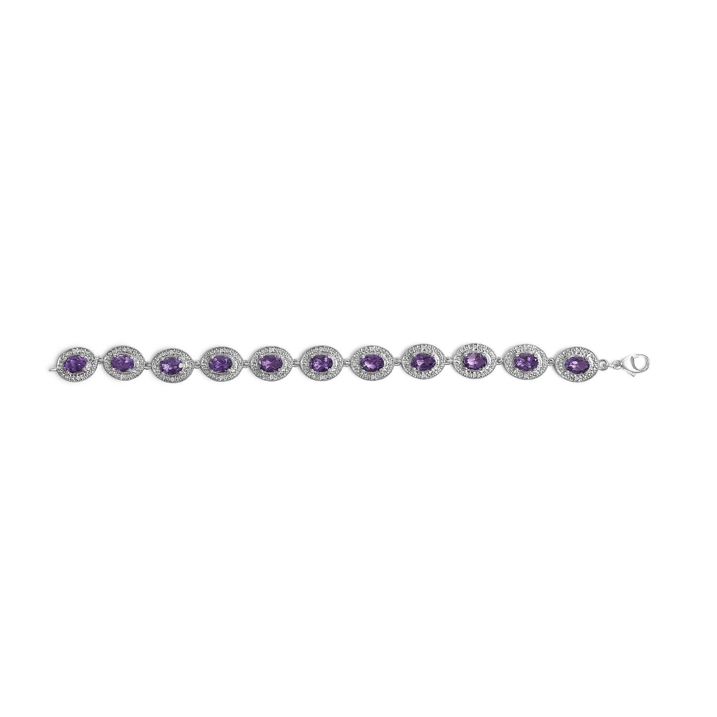 Sterling Silver 5x7 MM Oval Purple Amethyst & Diamond Halo Link Bracelet-3
