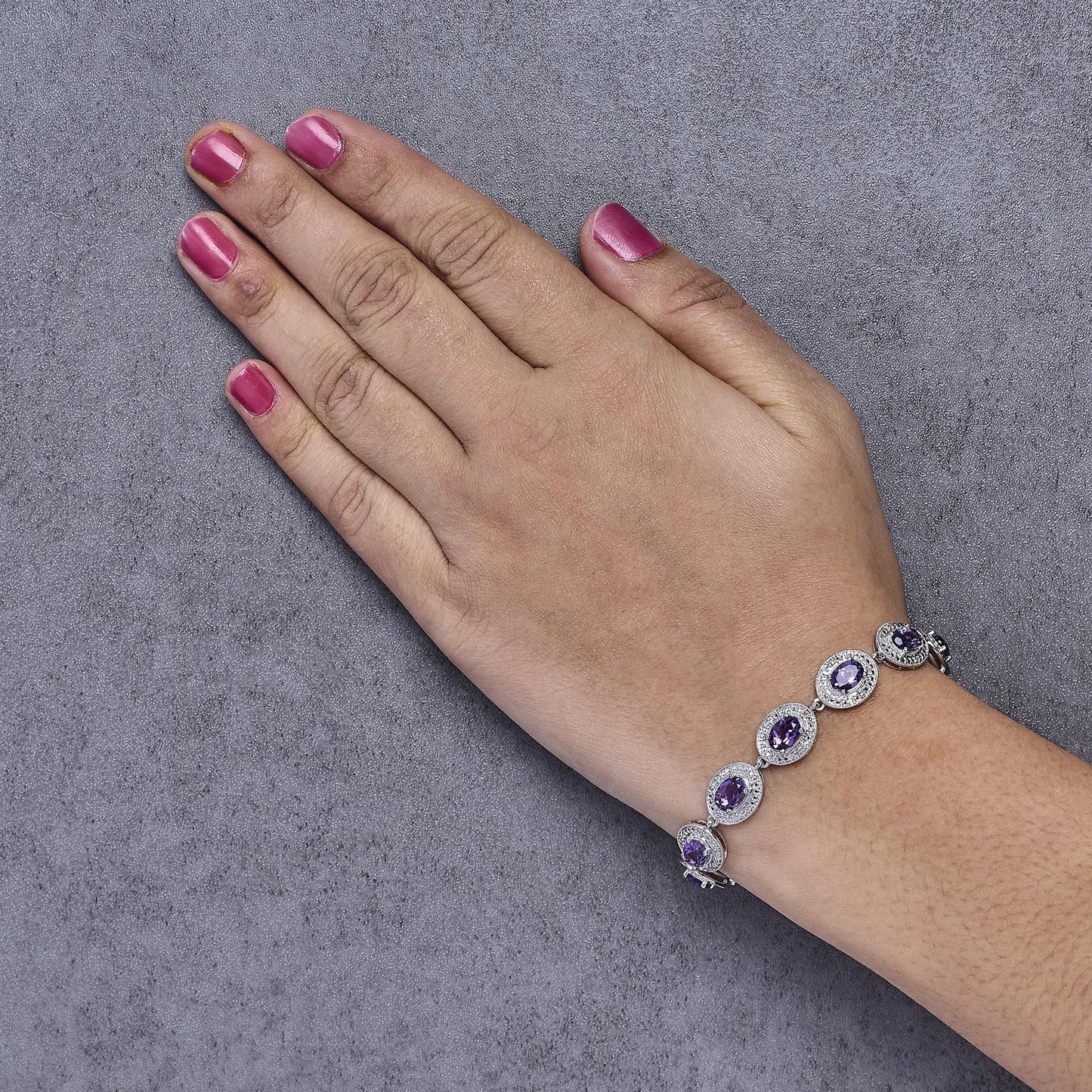Sterling Silver 5x7 MM Oval Purple Amethyst & Diamond Halo Link Bracelet-2