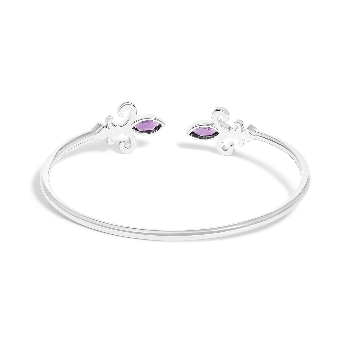 .925 Sterling Silver 8X4MM Marquise Purple Amethyst and Diamond Accent Fleur Di Lis Open Cuff Bangle (I-J Color, I1-I2 Clarity) - 7"-4