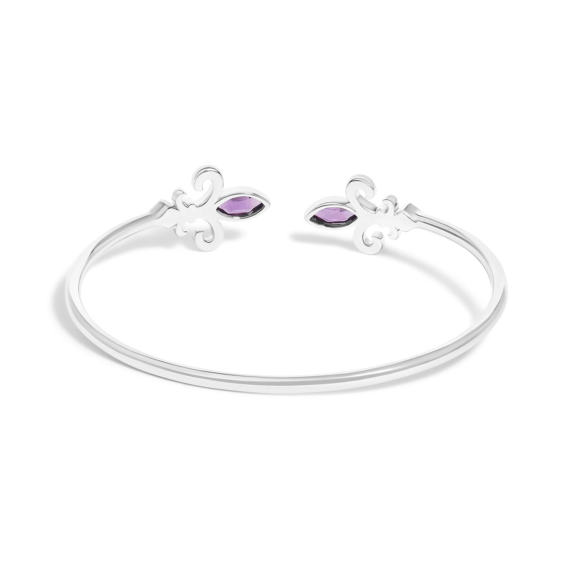 .925 Sterling Silver 8X4MM Marquise Purple Amethyst and Diamond Accent Fleur Di Lis Open Cuff Bangle (I-J Color, I1-I2 Clarity) - 7"-4