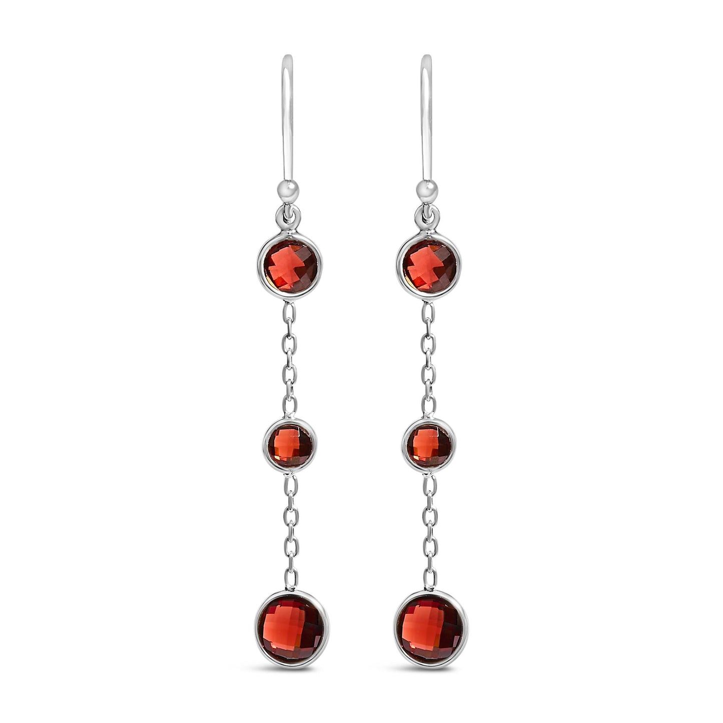 .925 Sterling Silver Graduating Bezel Set Red Garnet Dangle Earring-0
