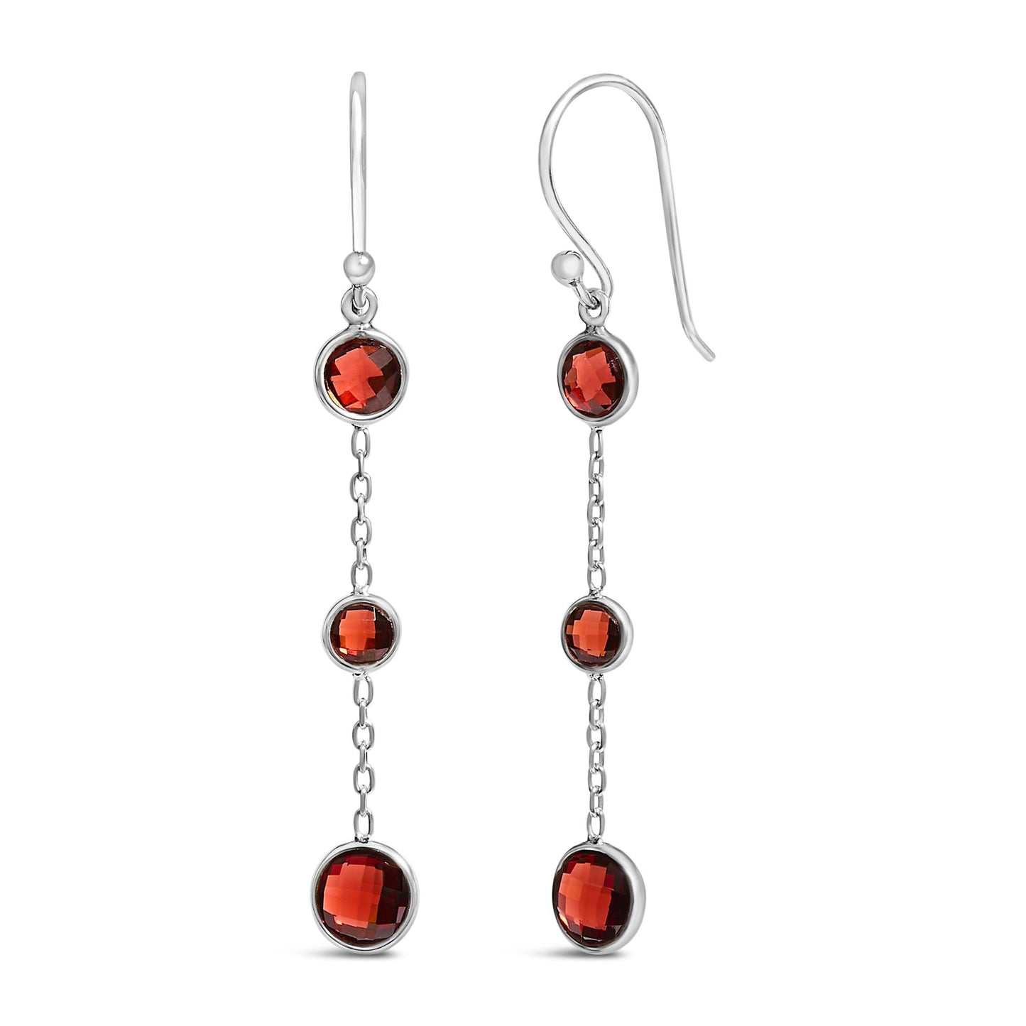 .925 Sterling Silver Graduating Bezel Set Red Garnet Dangle Earring-1