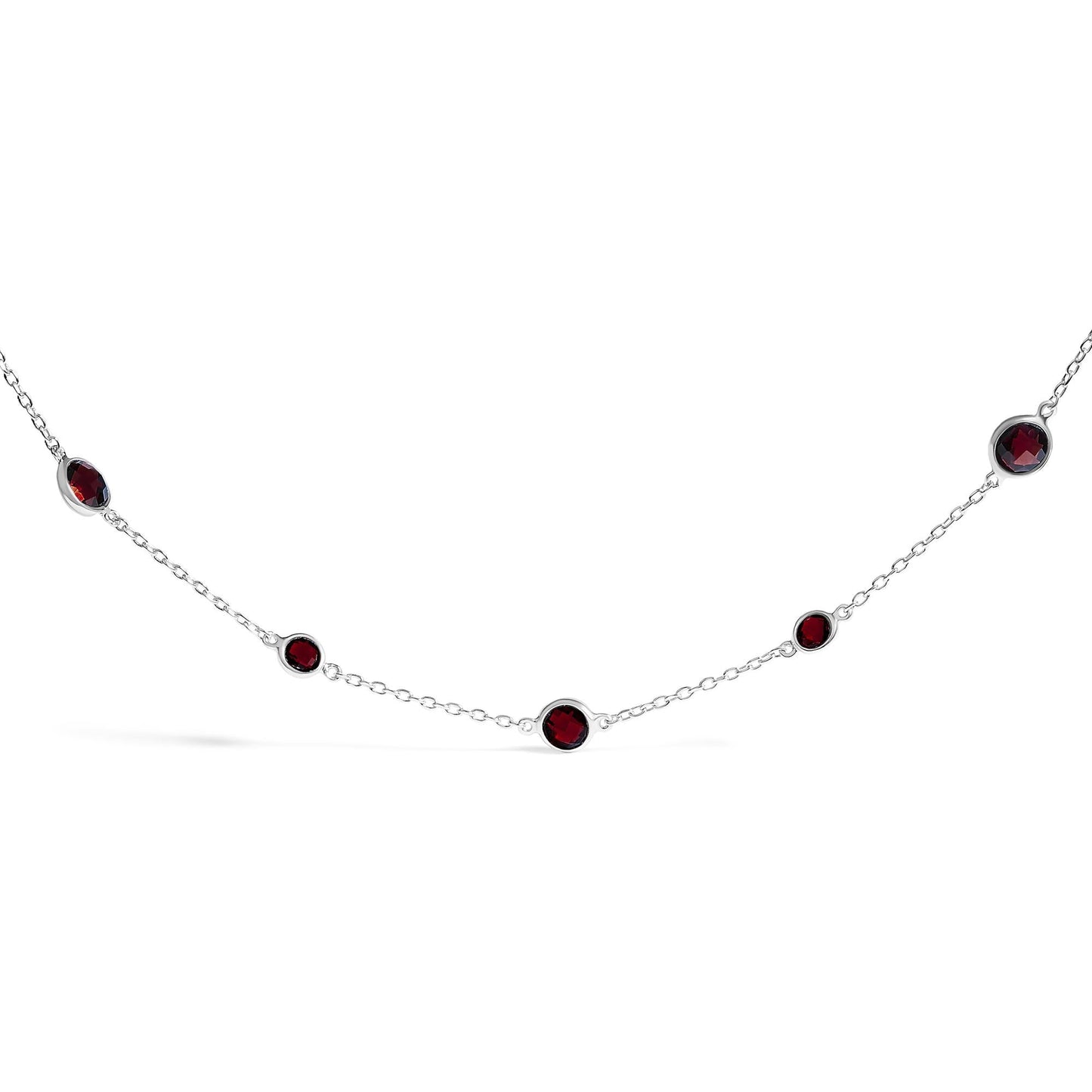 .925 Sterling Silver Checkerboard Cut Red Garnet Bezel Station Necklace - 22" Inches-0