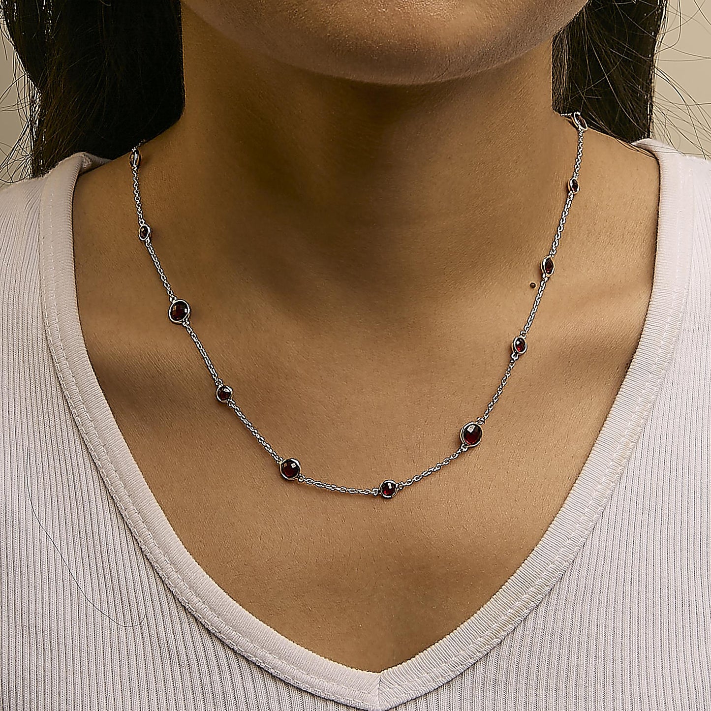 .925 Sterling Silver Checkerboard Cut Red Garnet Bezel Station Necklace - 22" Inches-2