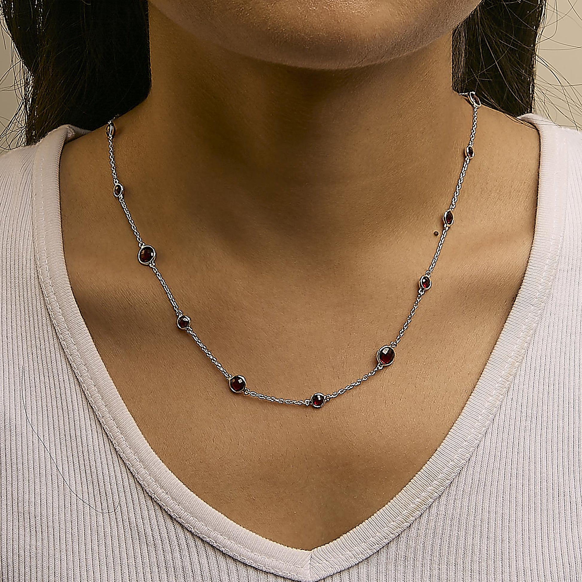 .925 Sterling Silver Checkerboard Cut Red Garnet Bezel Station Necklace - 22" Inches-2